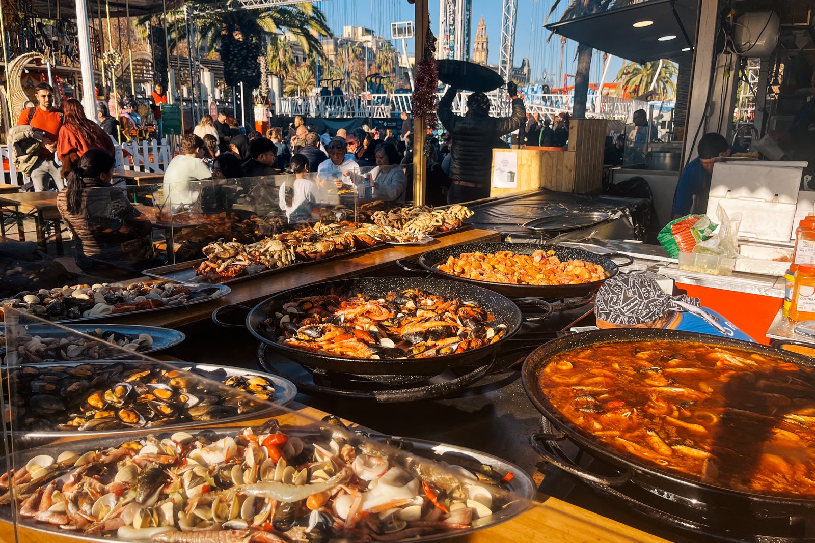 Fresh seafood for sale at Barcelona holiday market