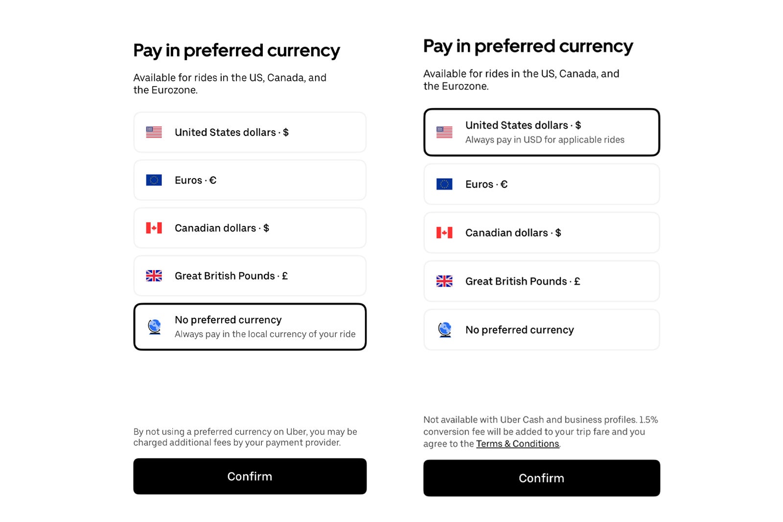 Preferred currency Uber screenshot