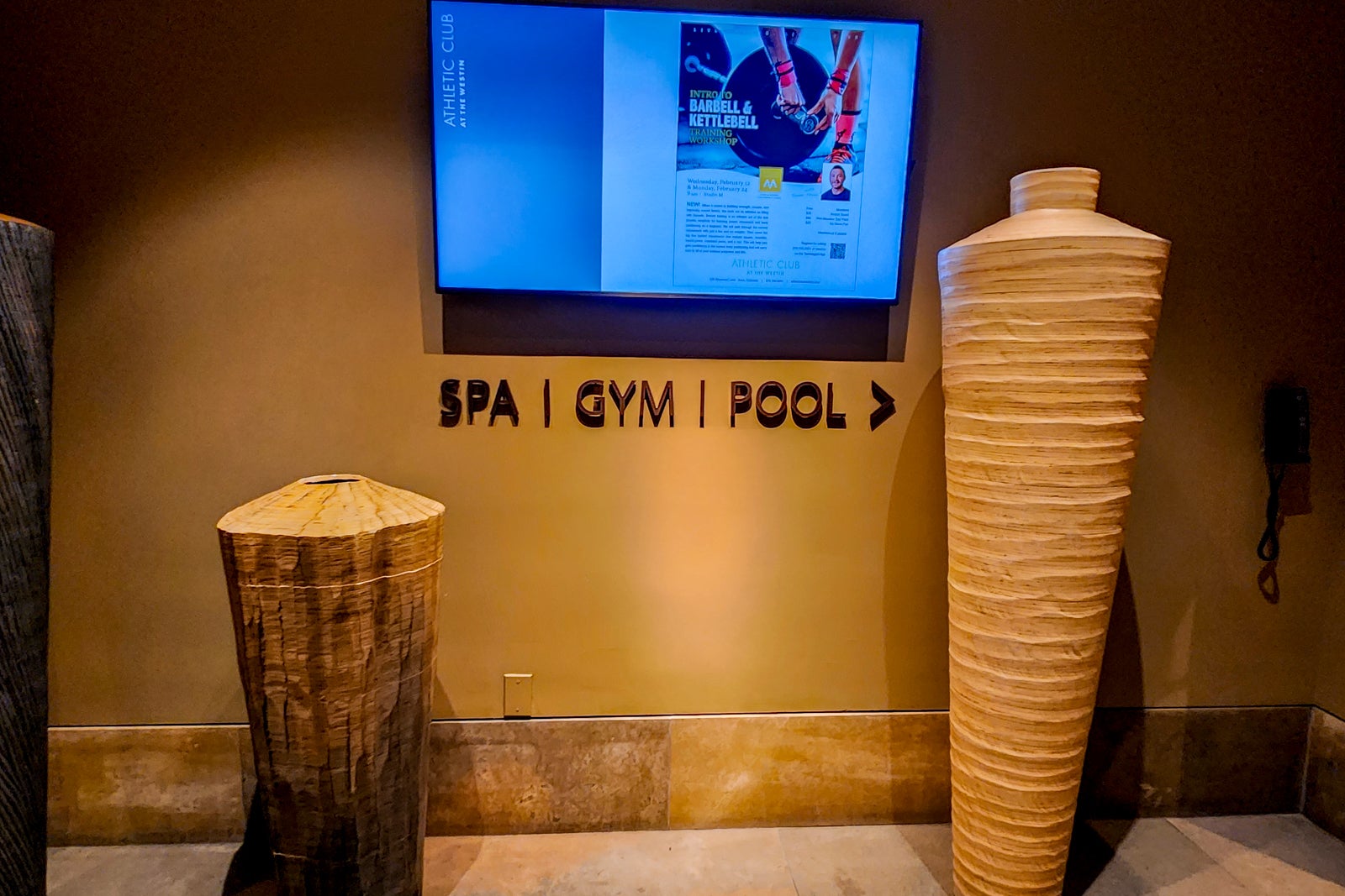 decorative vases and spa/gym/pool sign