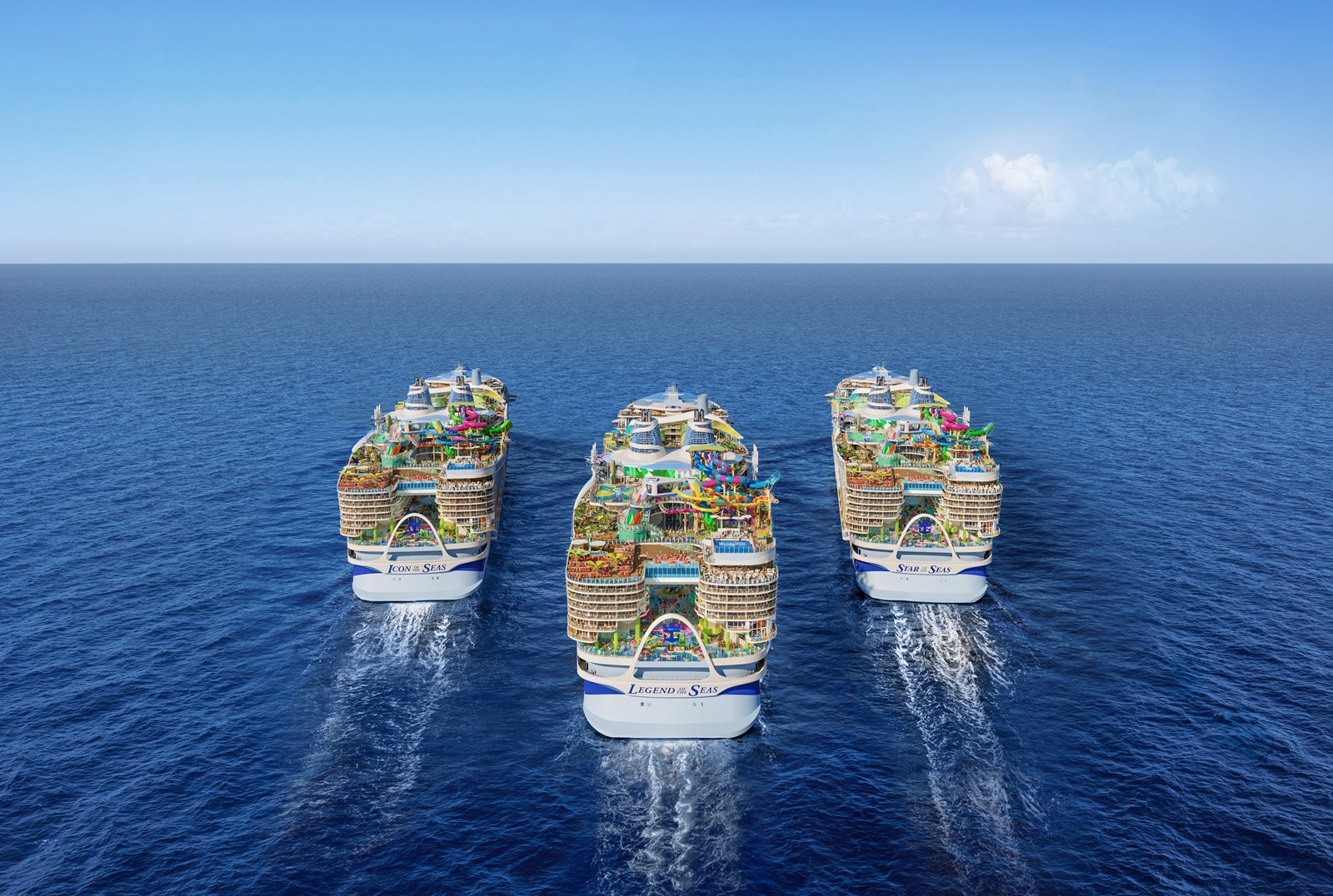 An aerial artist's rendering of Royal Caribbean's first three Icon Class ships sailing away from the viewer in tandem