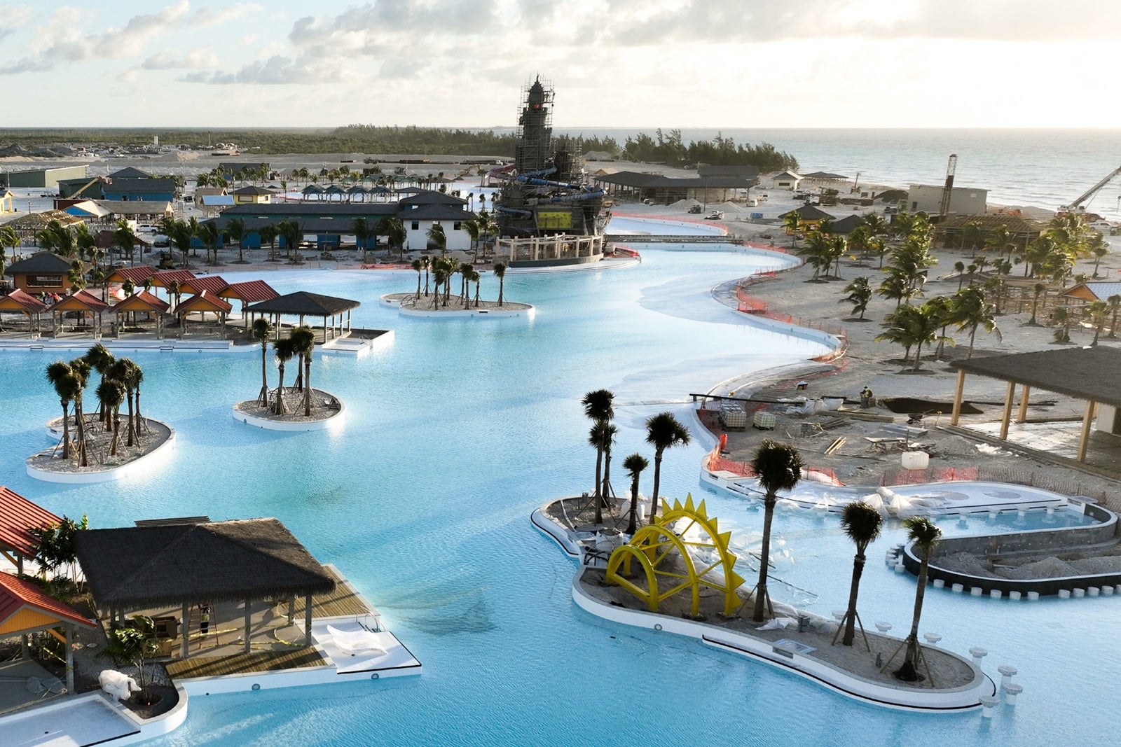 An aerial view of a cruise line private island under construction