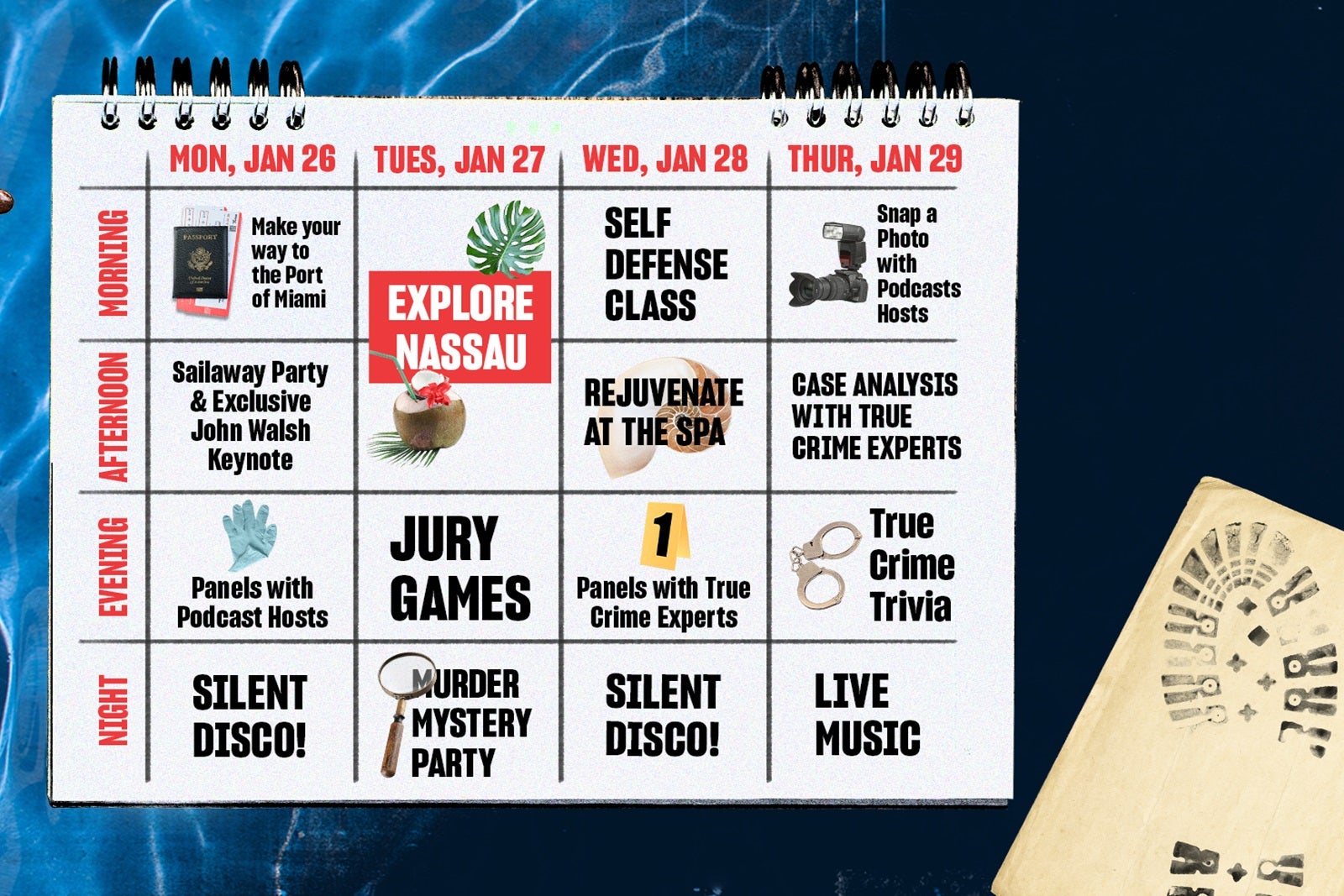 A calendar-style schedule showing activities for a true crime cruise