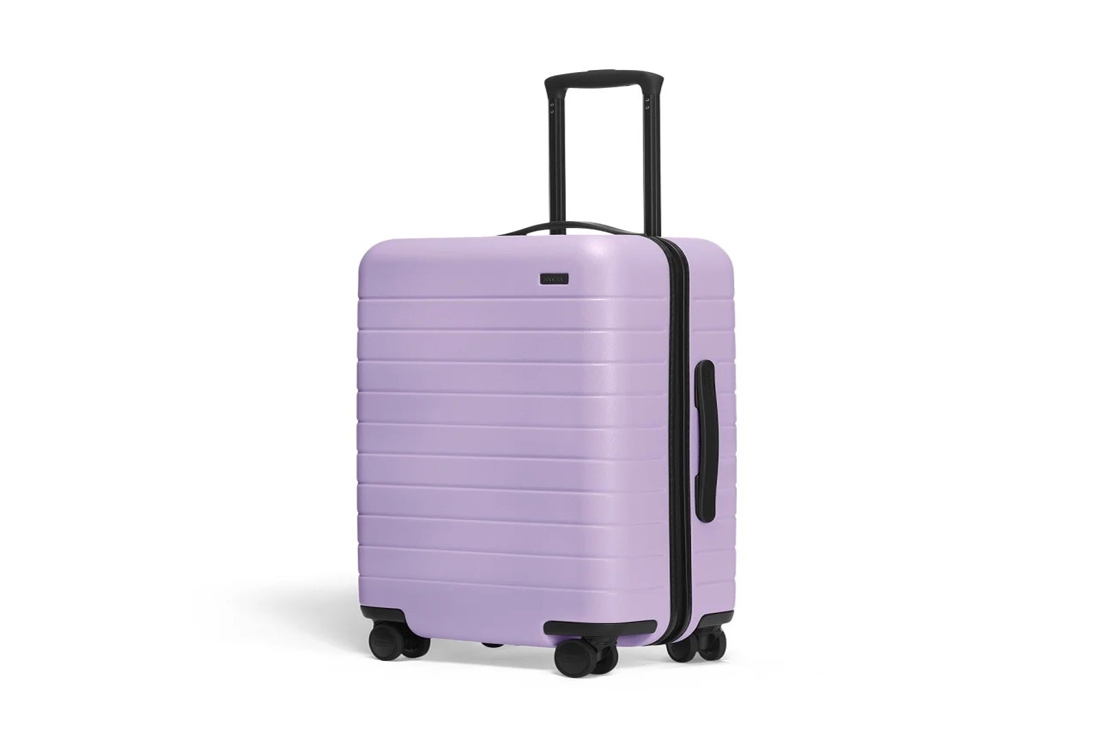 A lavender colored carry-on suitcase with black wheels and a black handle