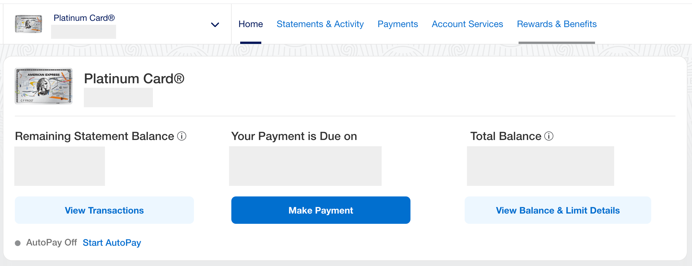 Amex Platinum Page on Amex Account