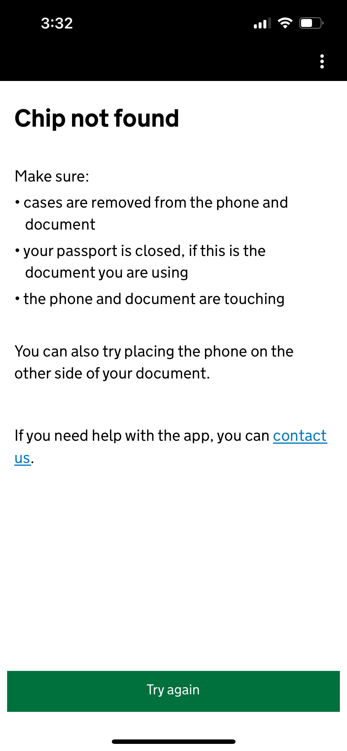 Chip not found screen in the UK ETA instructions in the app. GOV.UK