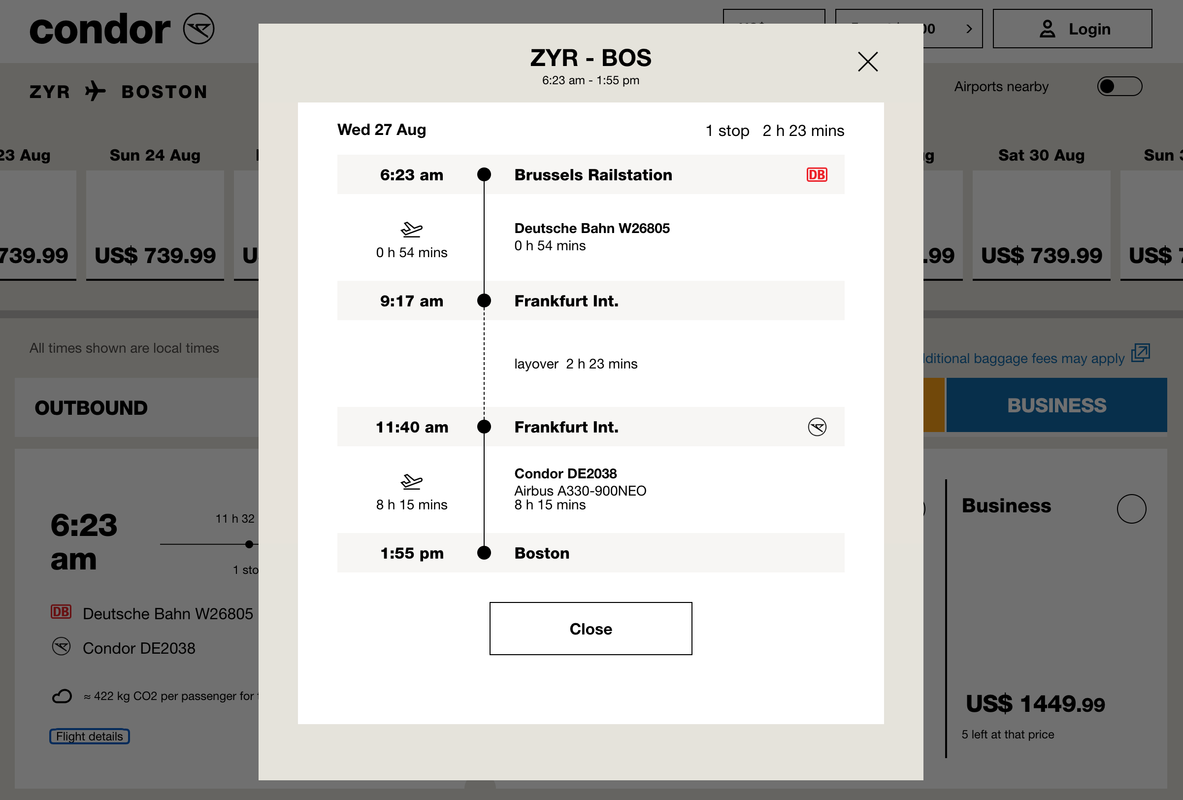 Condor Brussels rail station to Boston itinerary