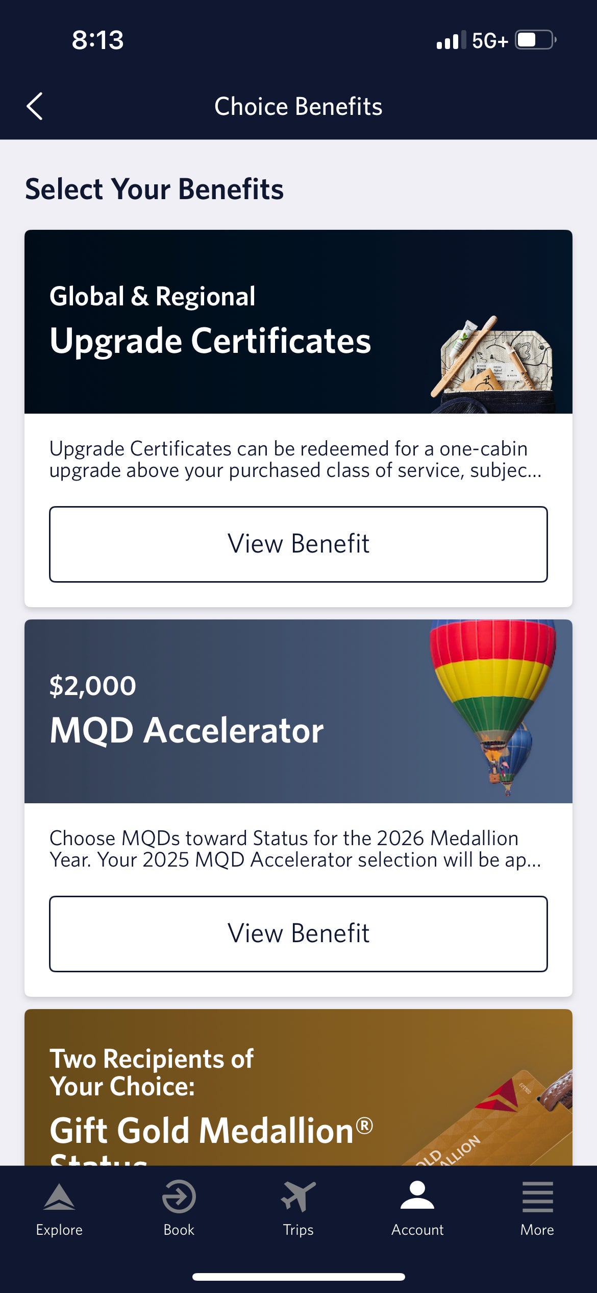 Delta Choice Benefits selection in the Delta app. DELTA AIR LINES