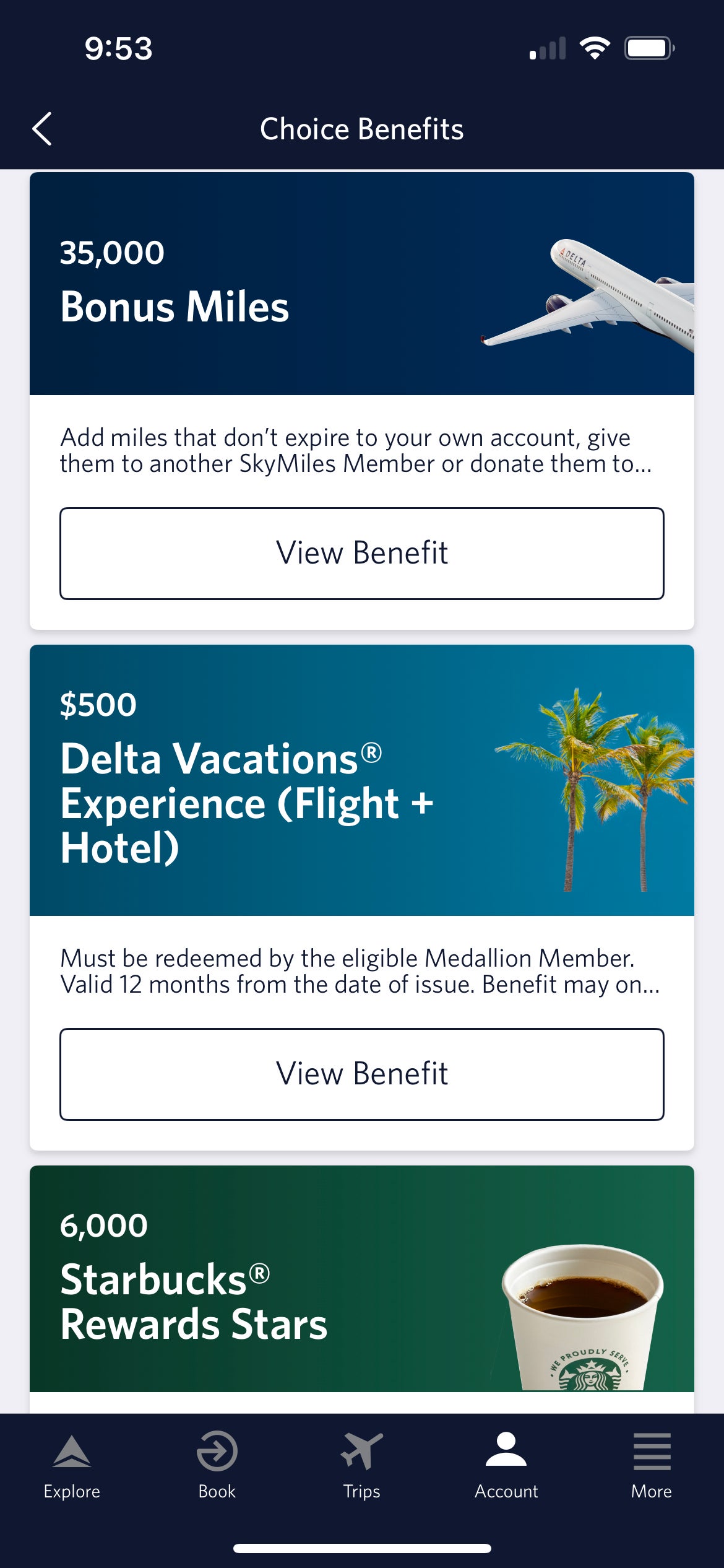 Delta Choice Benefits selection in the Delta app. DELTA AIR LINES