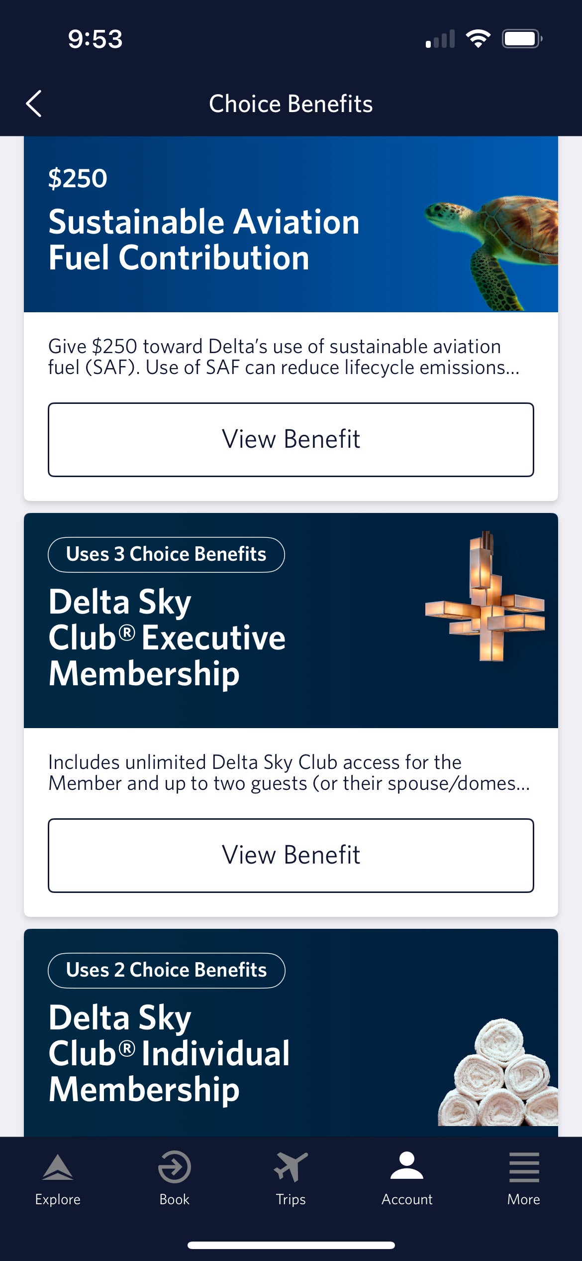 Delta Choice Benefits selection in the Delta app. DELTA AIR LINES