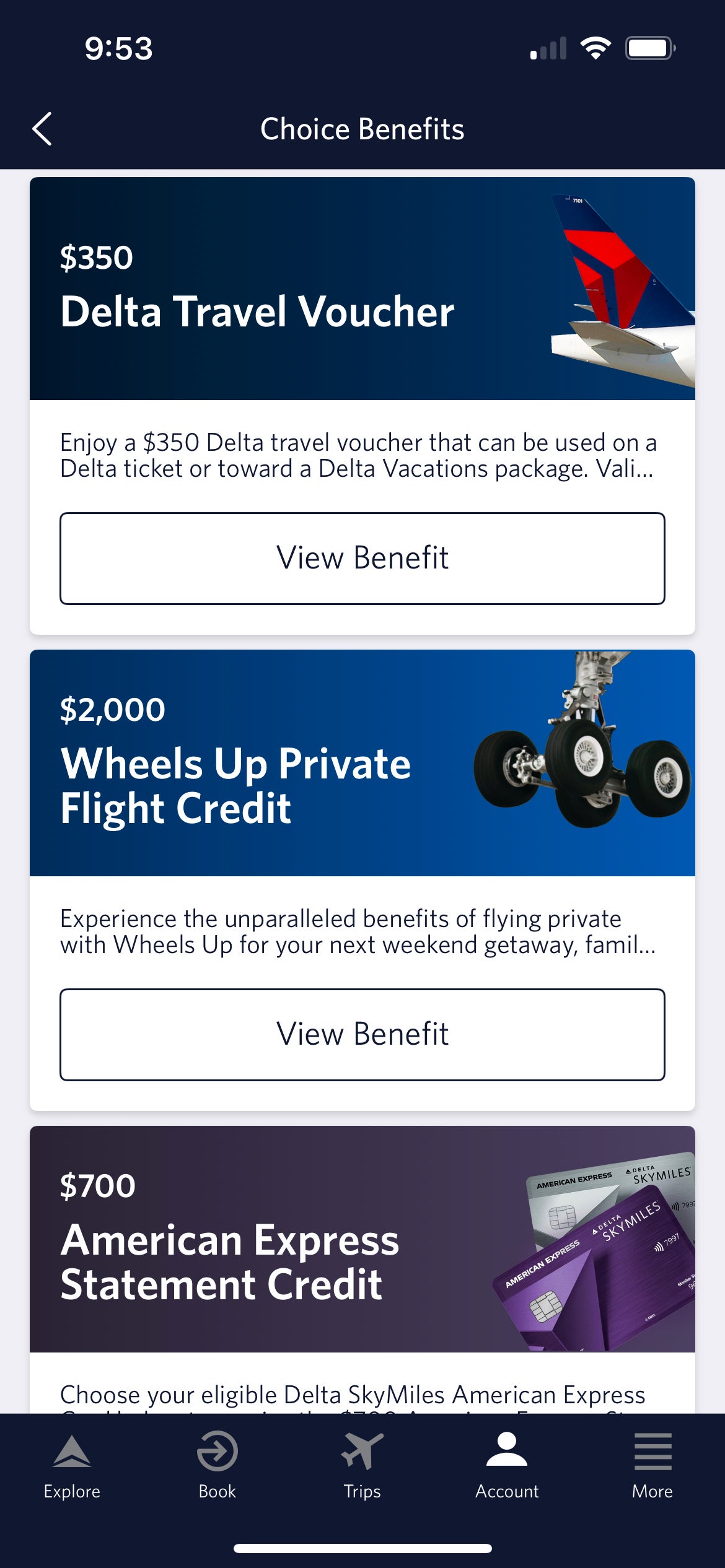 Delta Choice Benefits selection in the Delta app. DELTA AIR LINES