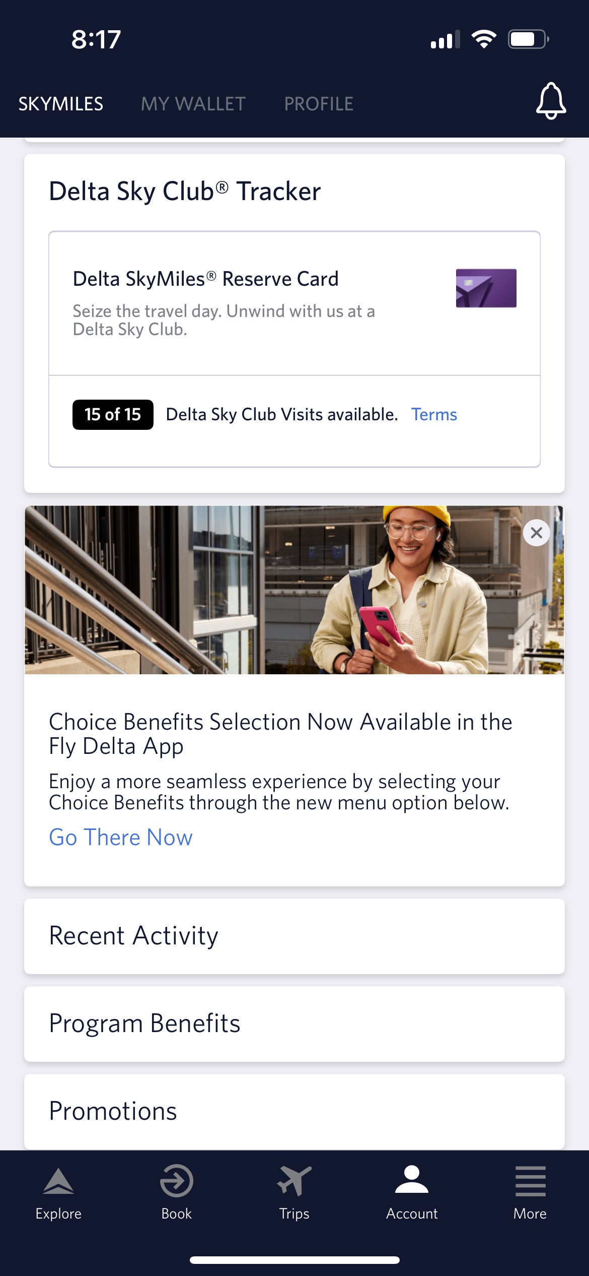 Delta Choice Benefits selection in the Delta app. DELTA AIR LINES