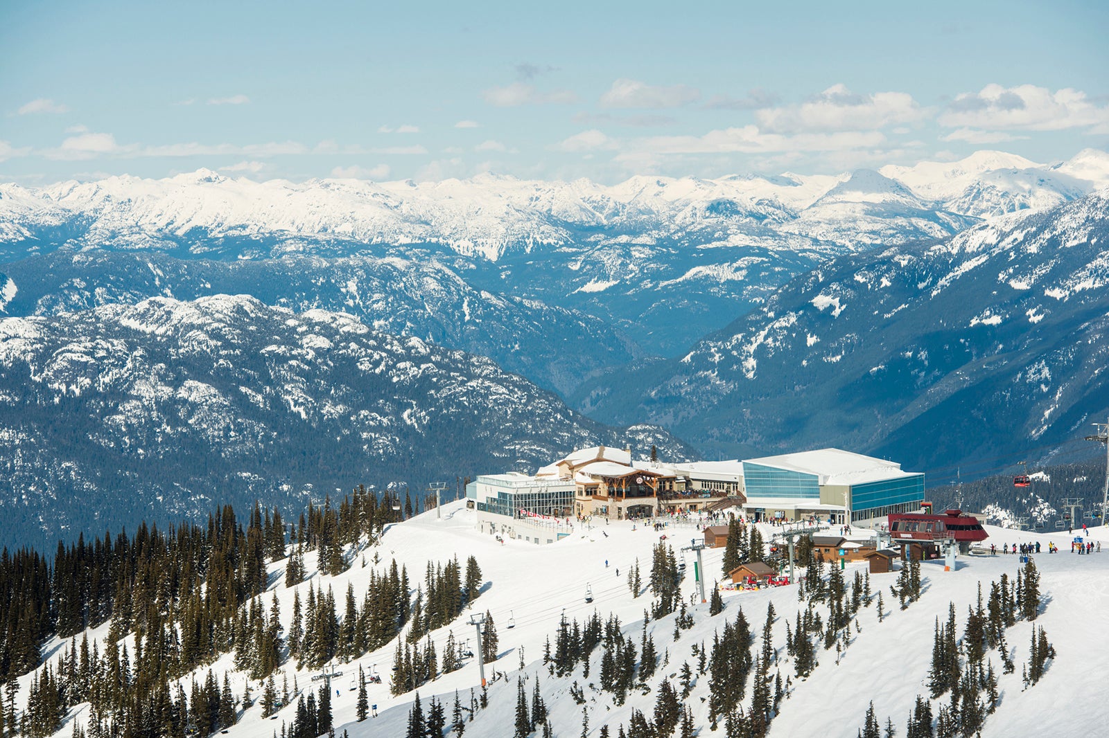 Elevated view of gondola station in winter