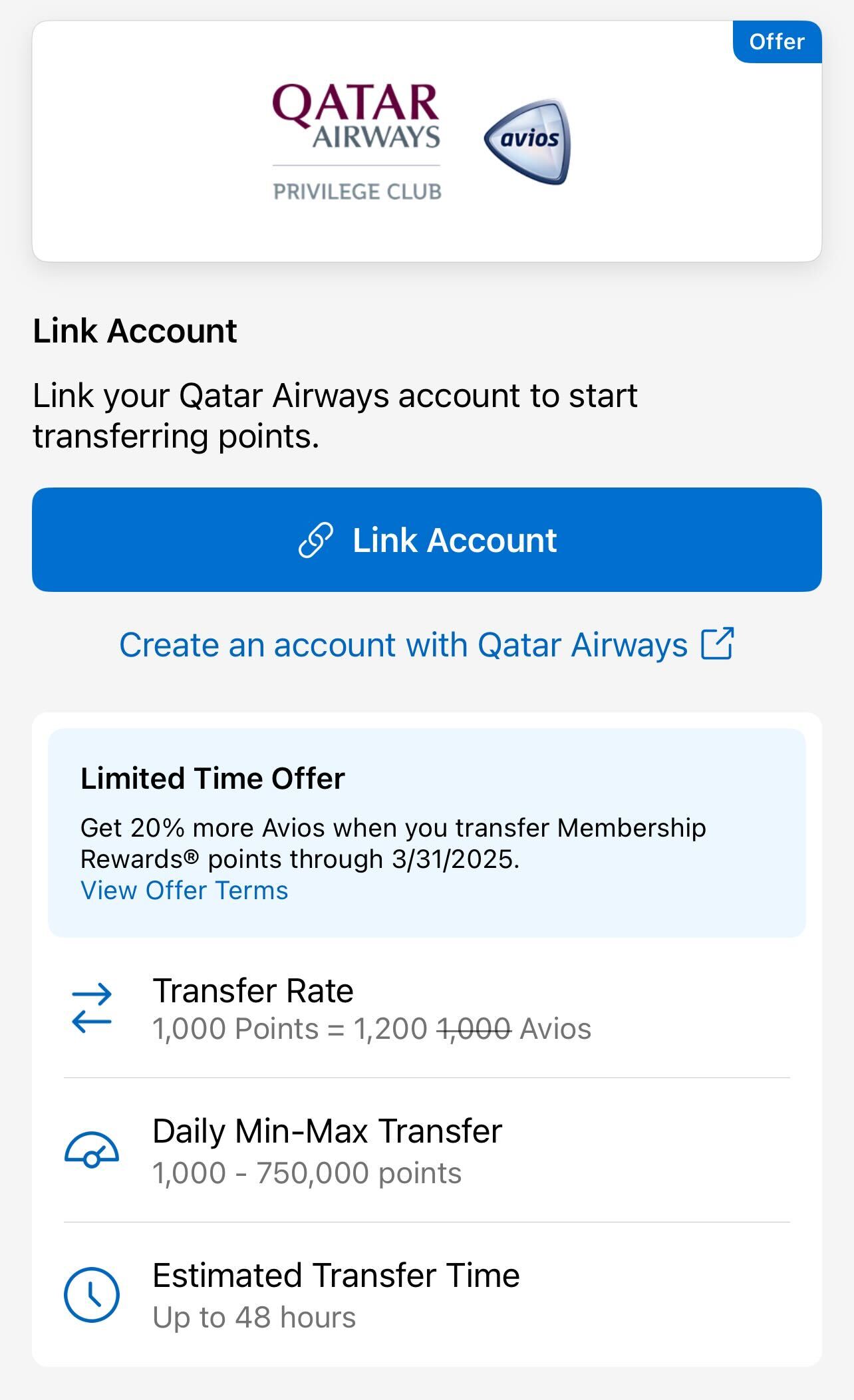 Screenshot of Amex Qatar bonus opportunity 