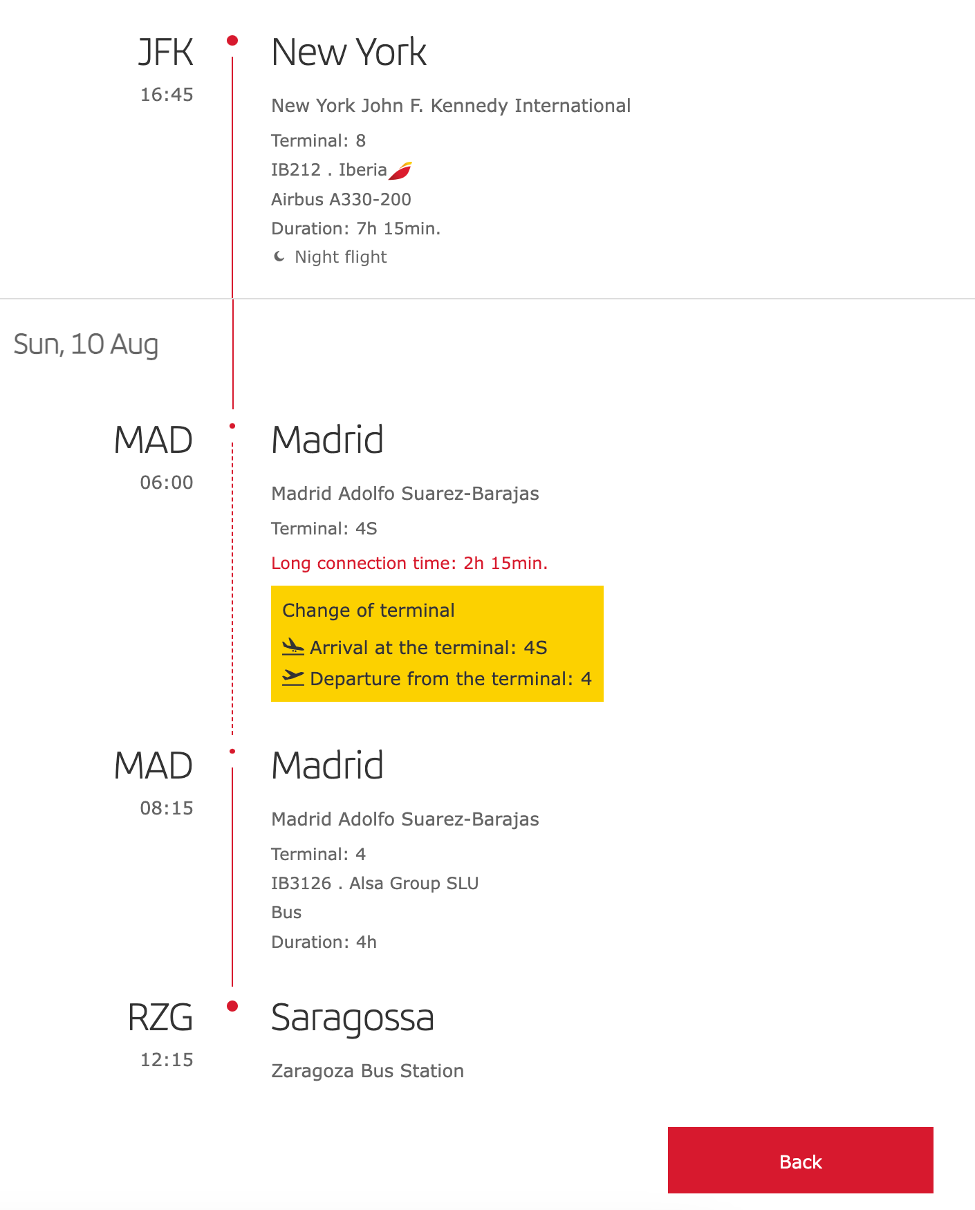 Iberia JFK to Saragossa itinerary