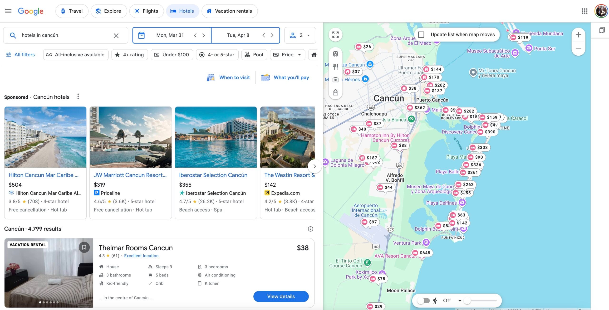 Google Hotels search of Cancun, Mexico. GOOGLE