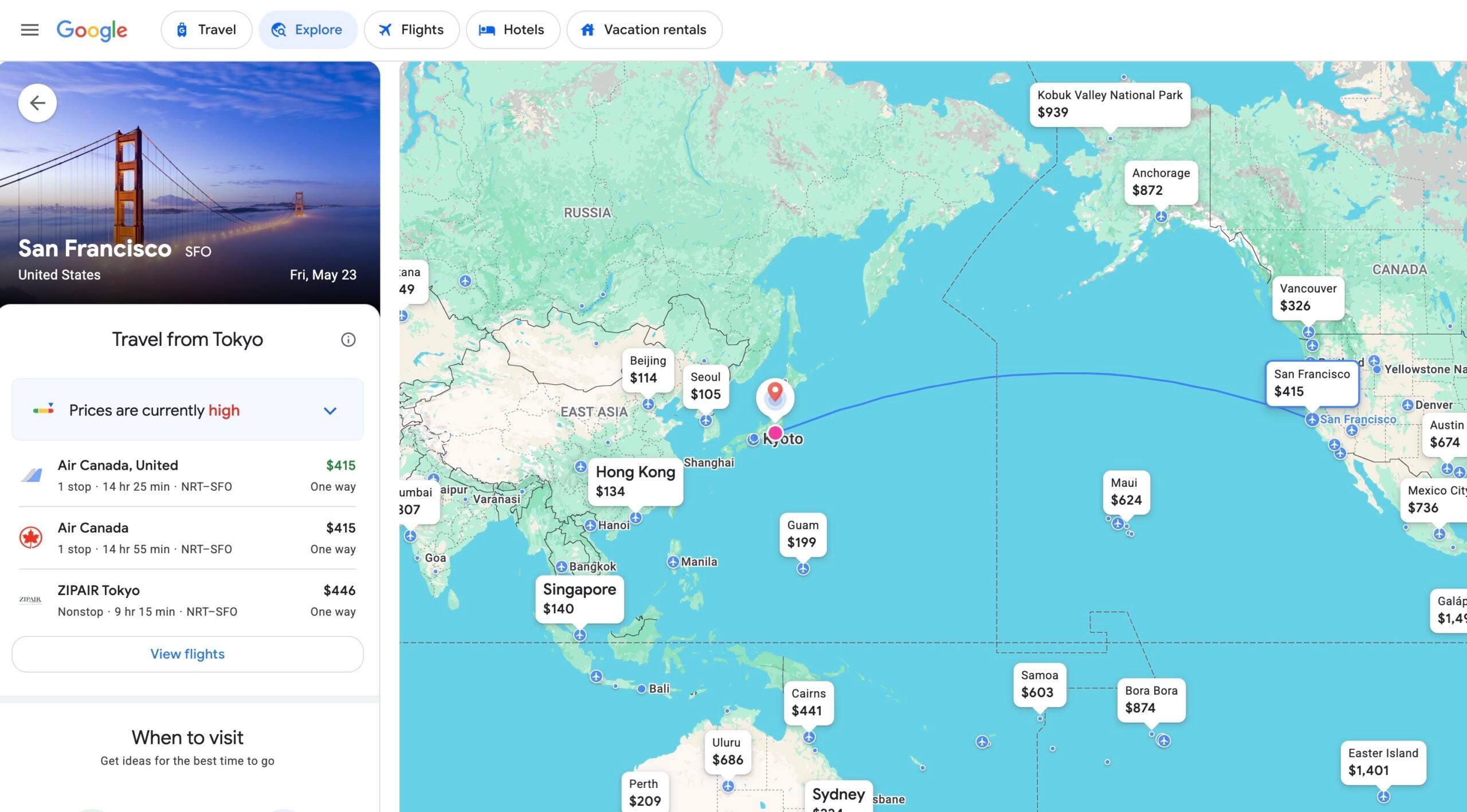 Google Flights Explore search from Tokyo. 