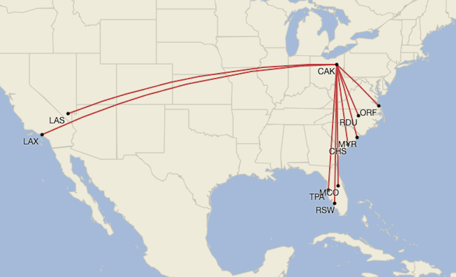 Map of Breeze Airways' nonstop flight paths