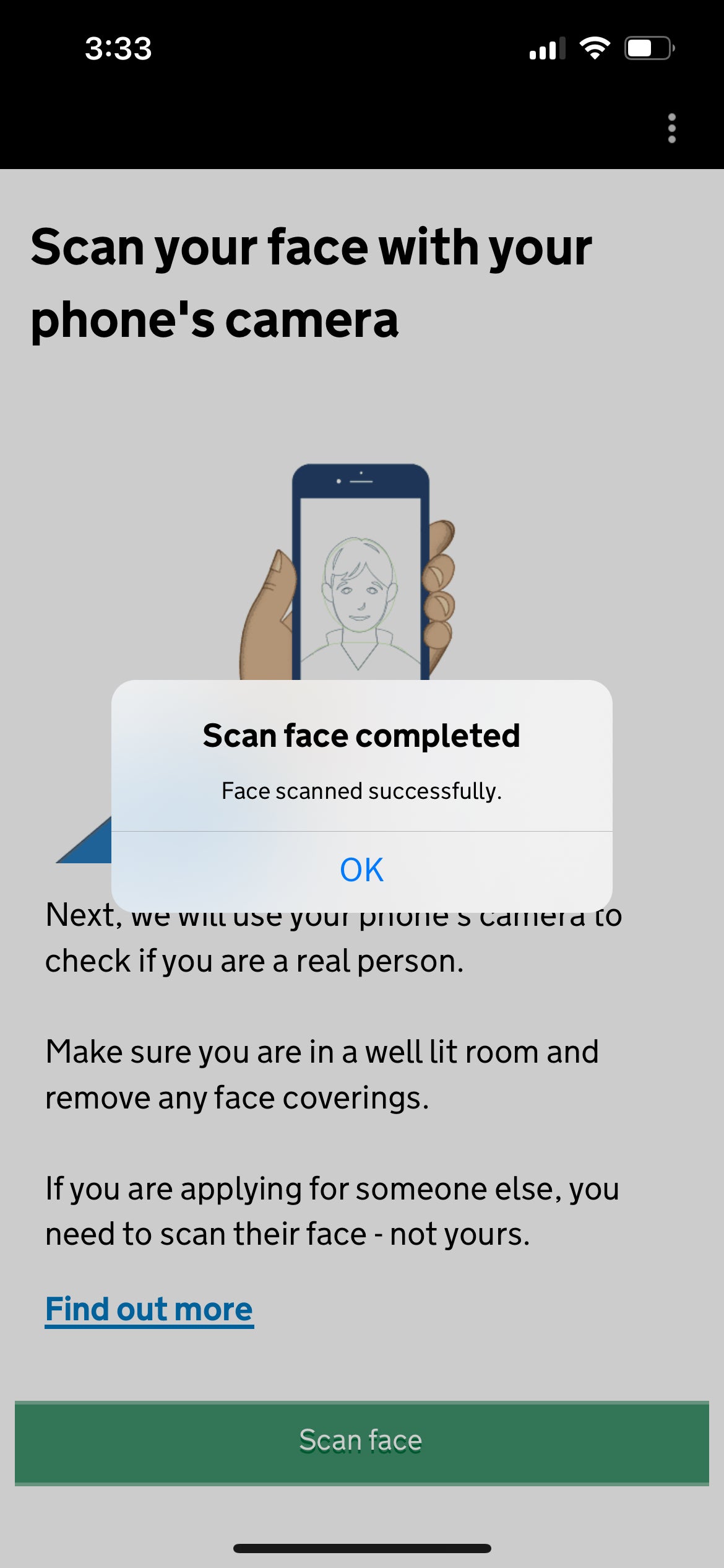 Scan face completed message in the app. GOV.UK