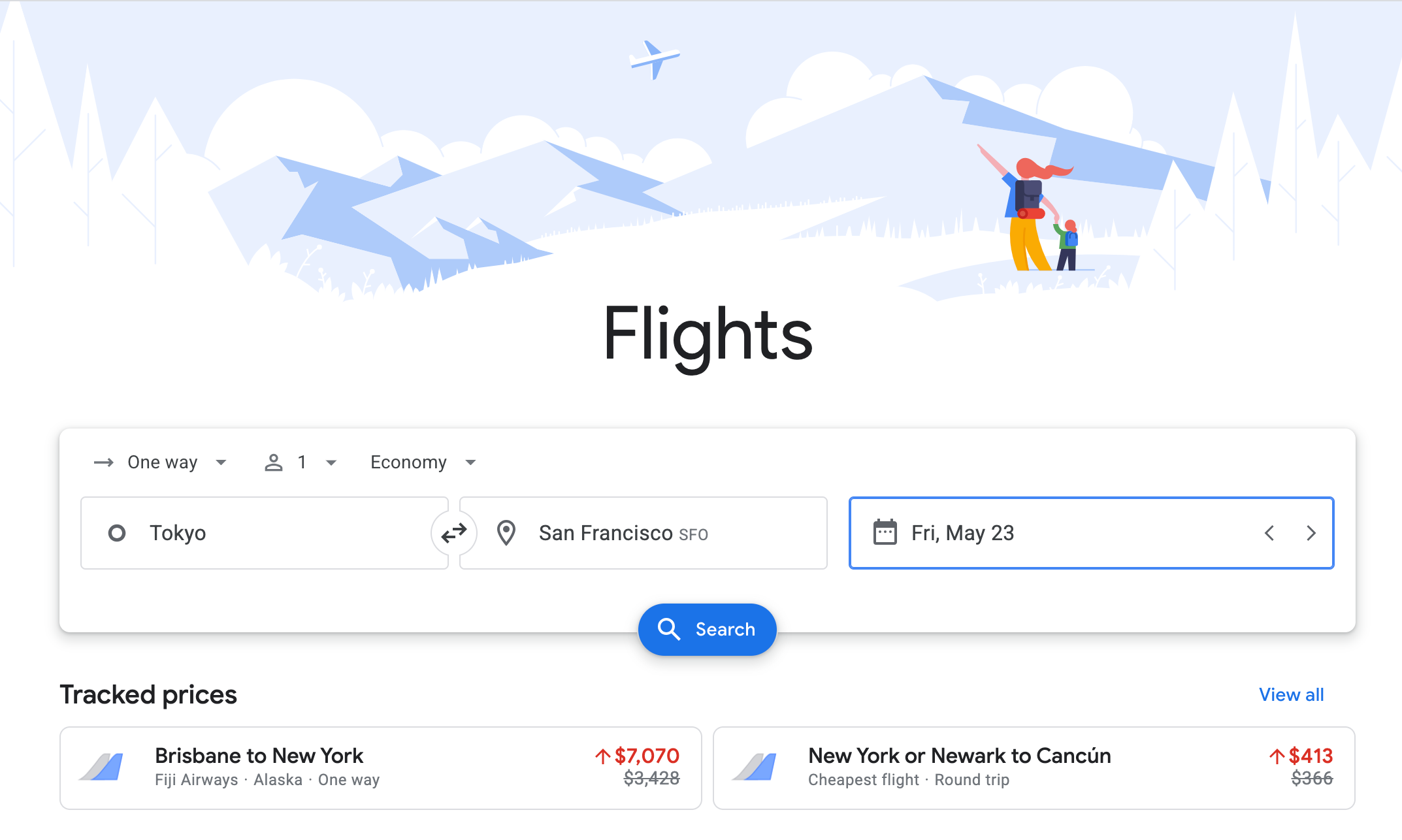 Google Flights search for trips from Tokyo.