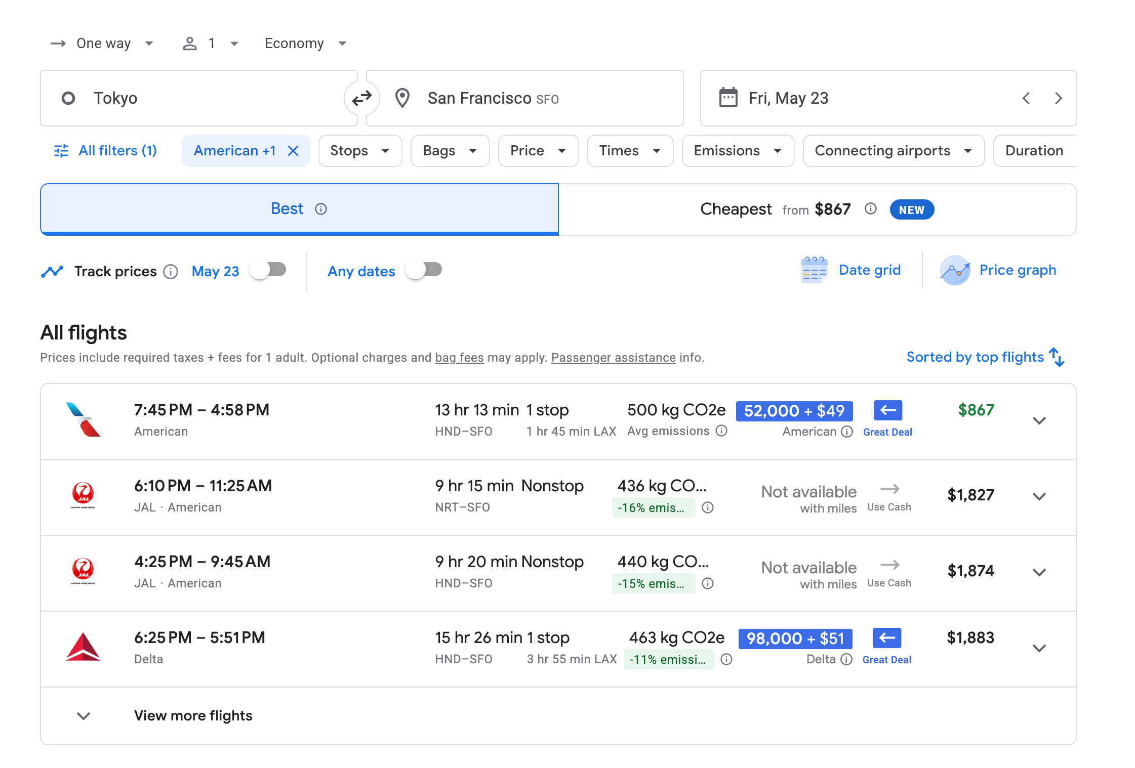 Google Flights search for trips from Tokyo.