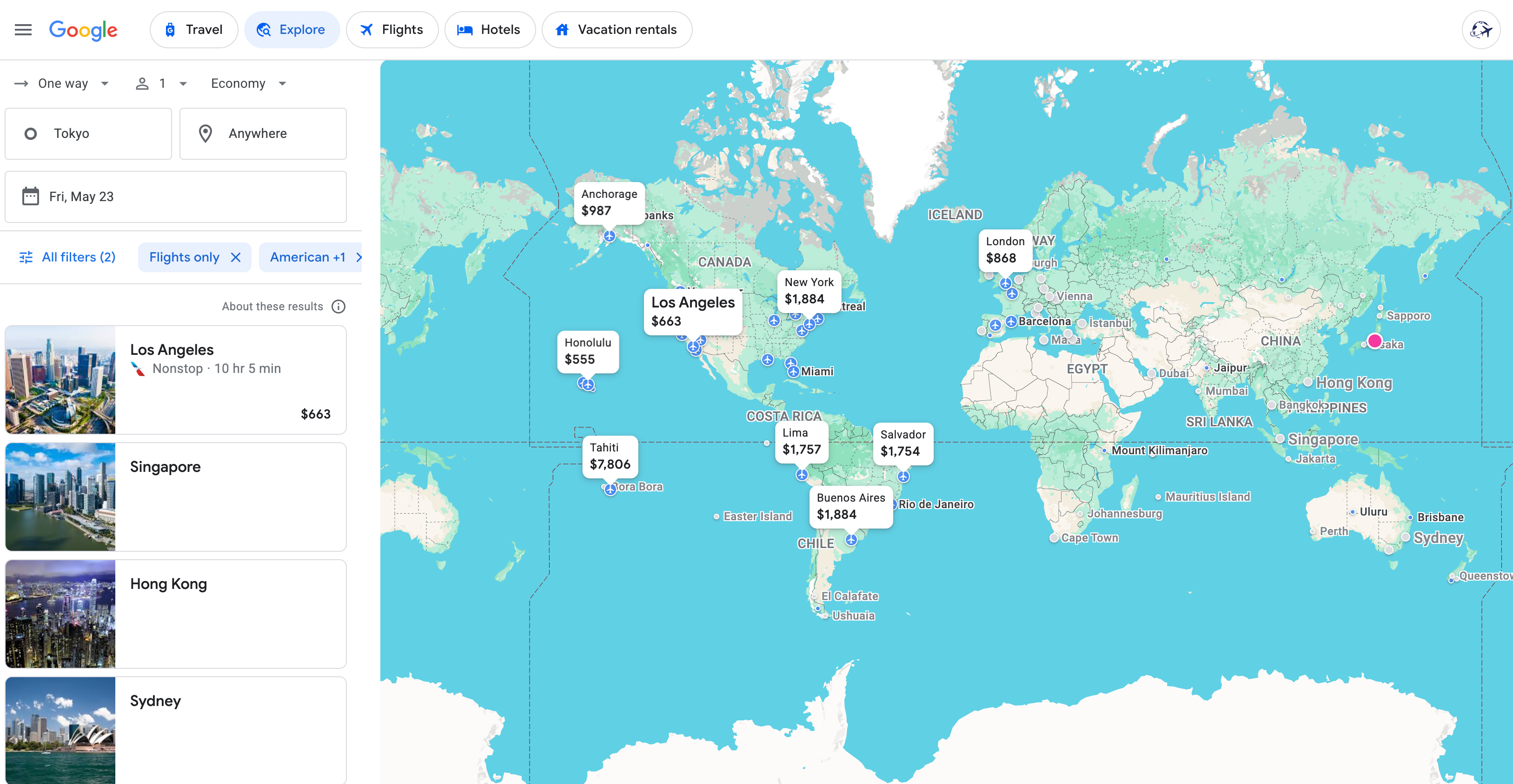 Google Flights search for trips from Tokyo.