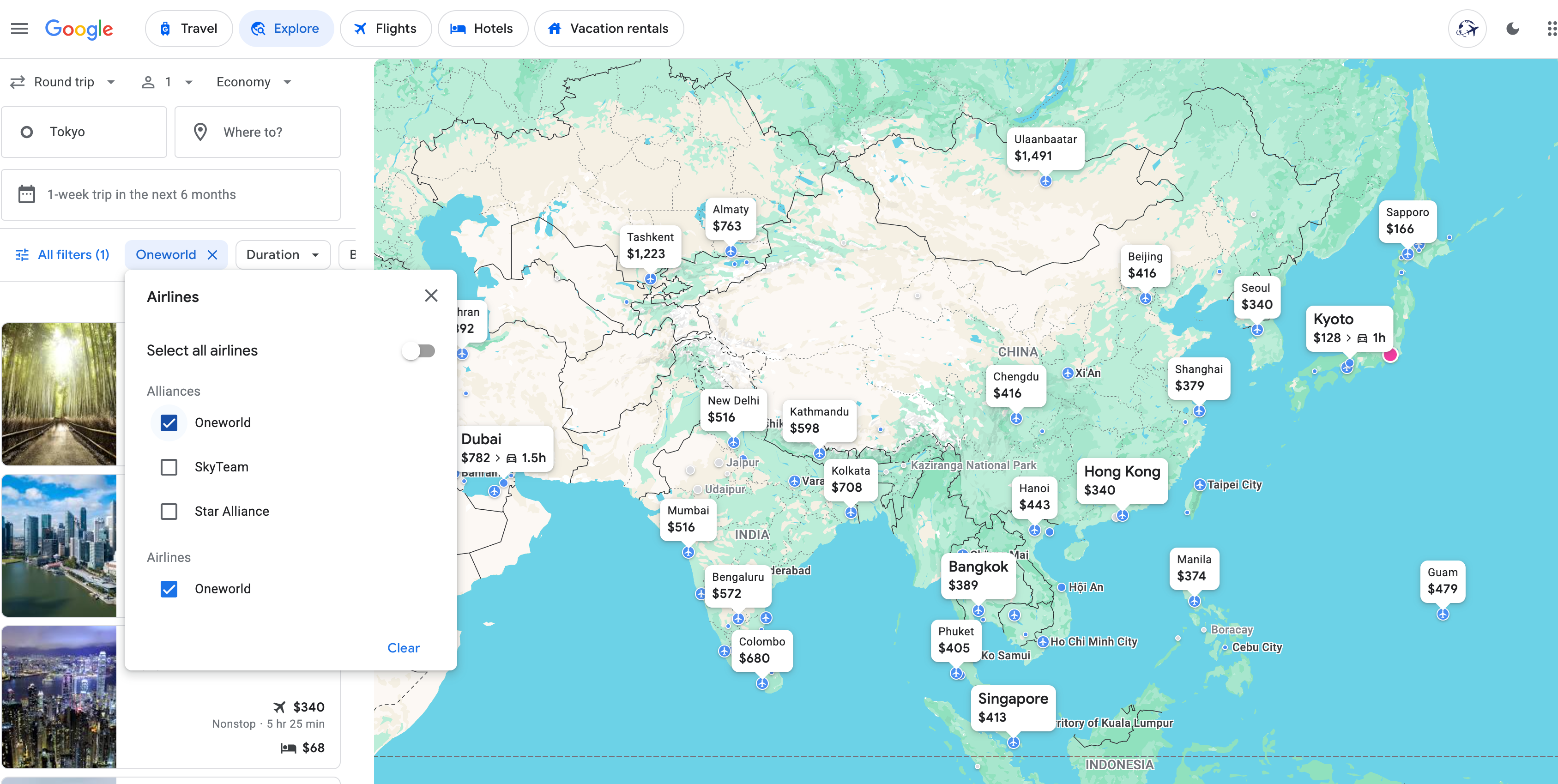 Google Flights search for trips from Tokyo.