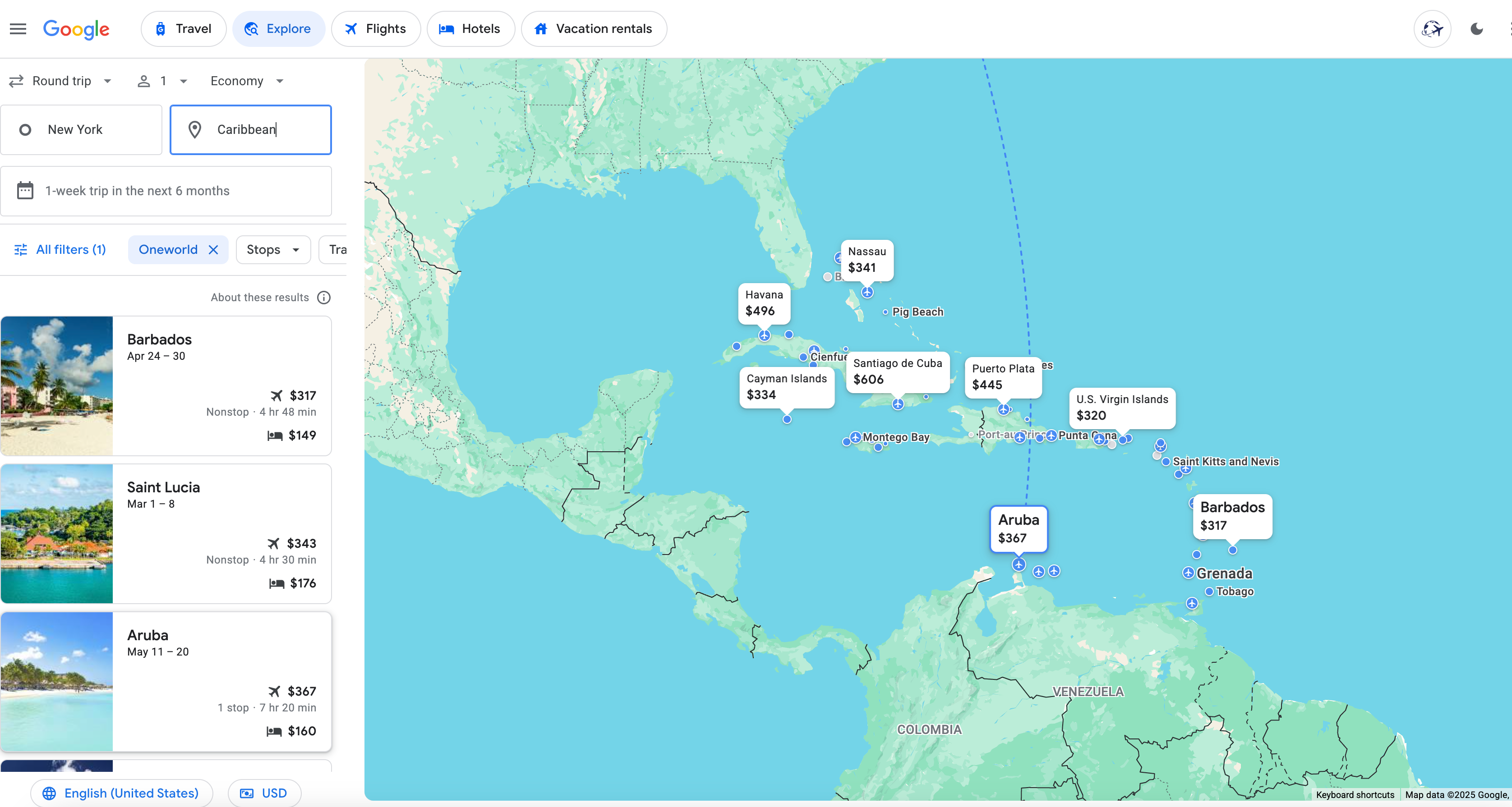 Search for "Caribbean" in Google Flights Explore. GOOGLE