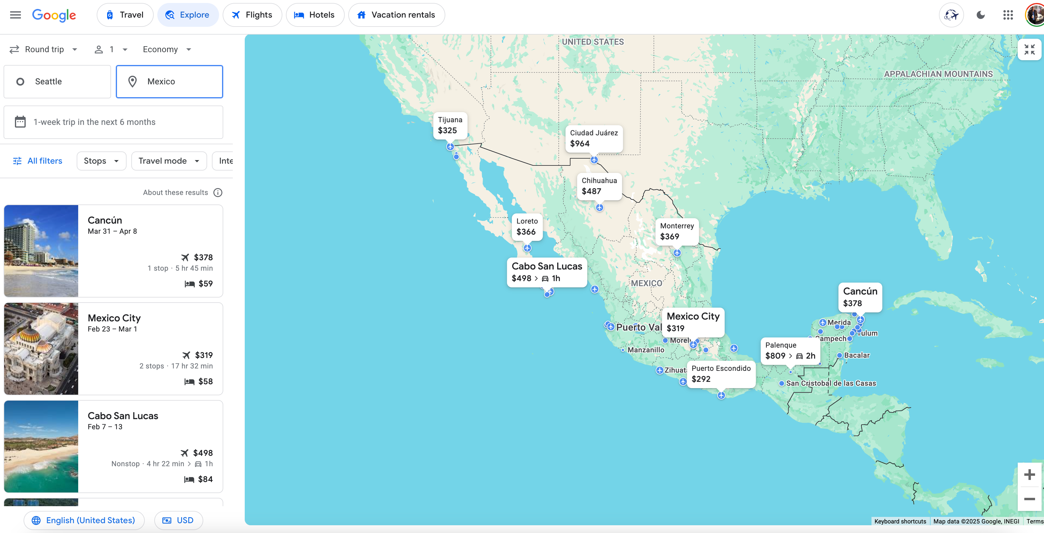 Search for "Mexico" in Google Flights Explore. GOOGLE