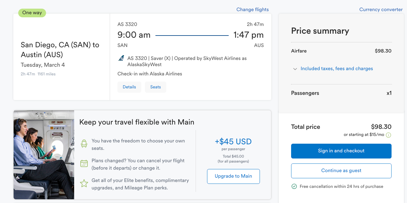 screenshot of Alaska Air sale flight