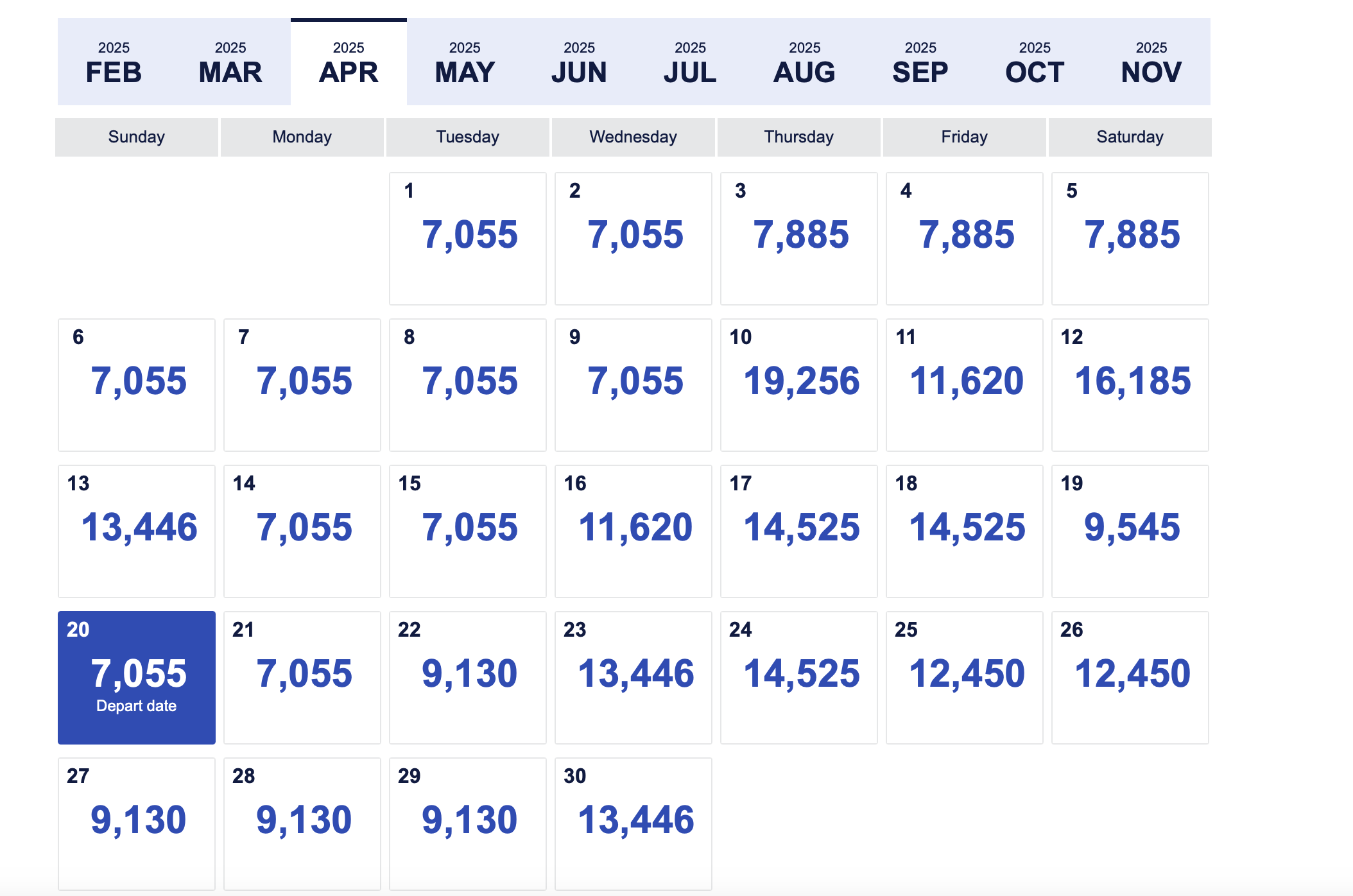 southwest pricing calendar