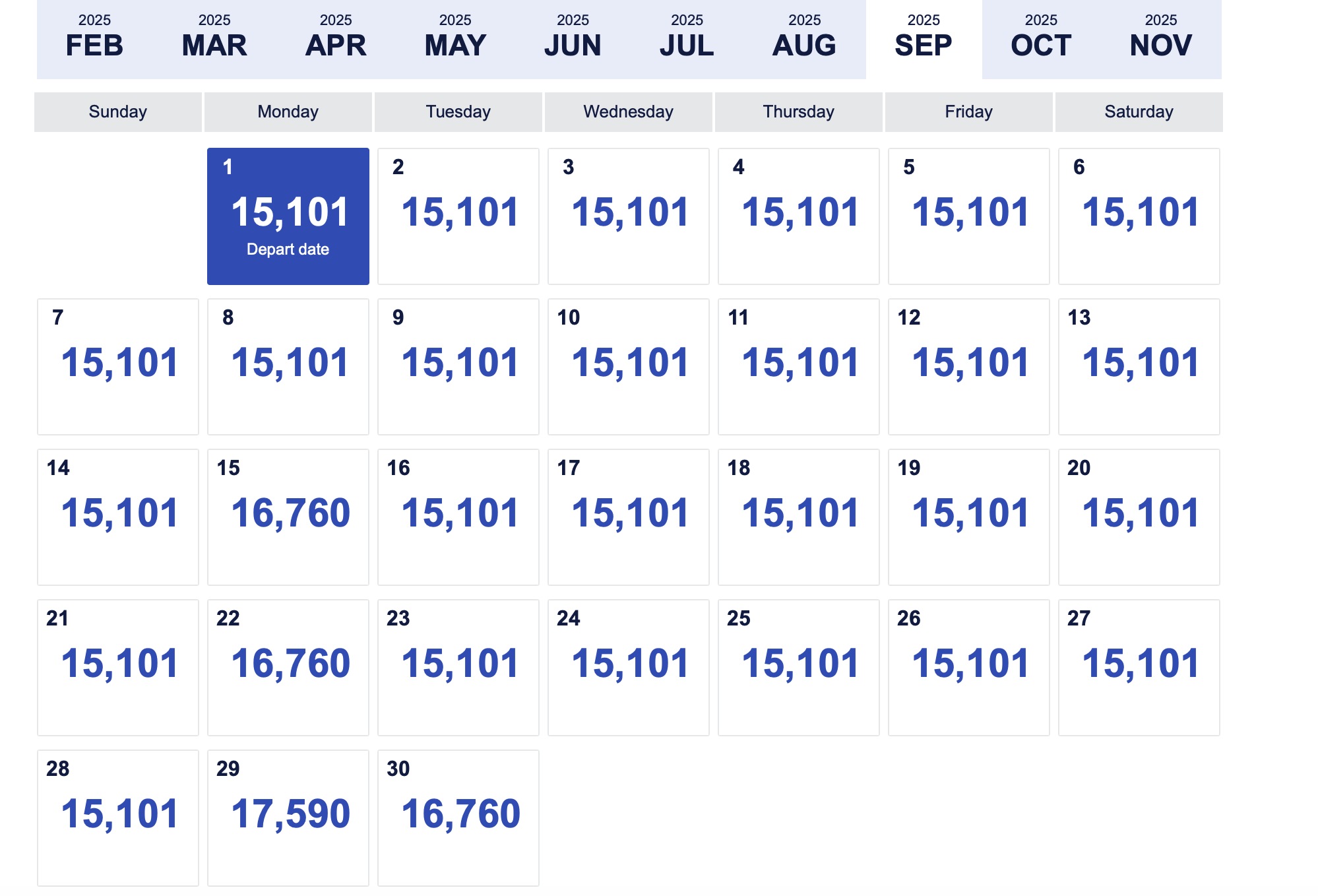 southwest pricing calendar