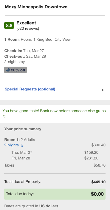 Screenshot of Delta promo hotel booking