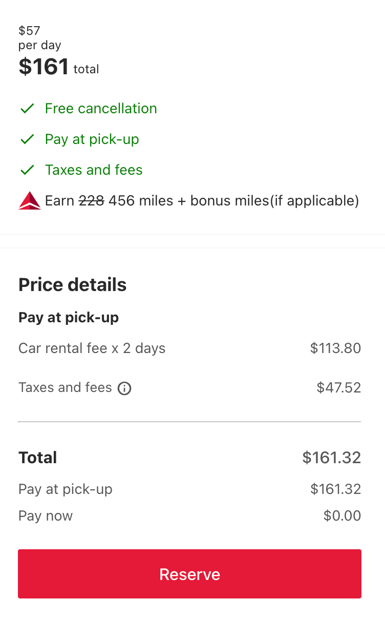 screenshot of Delta promo car rental booking