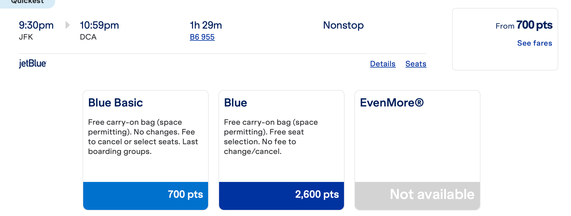 JetBlue pricing screenshot