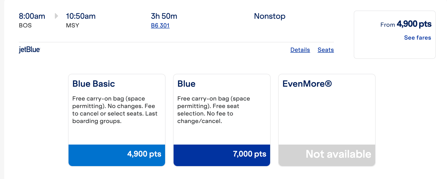 JetBlue pricing screenshot