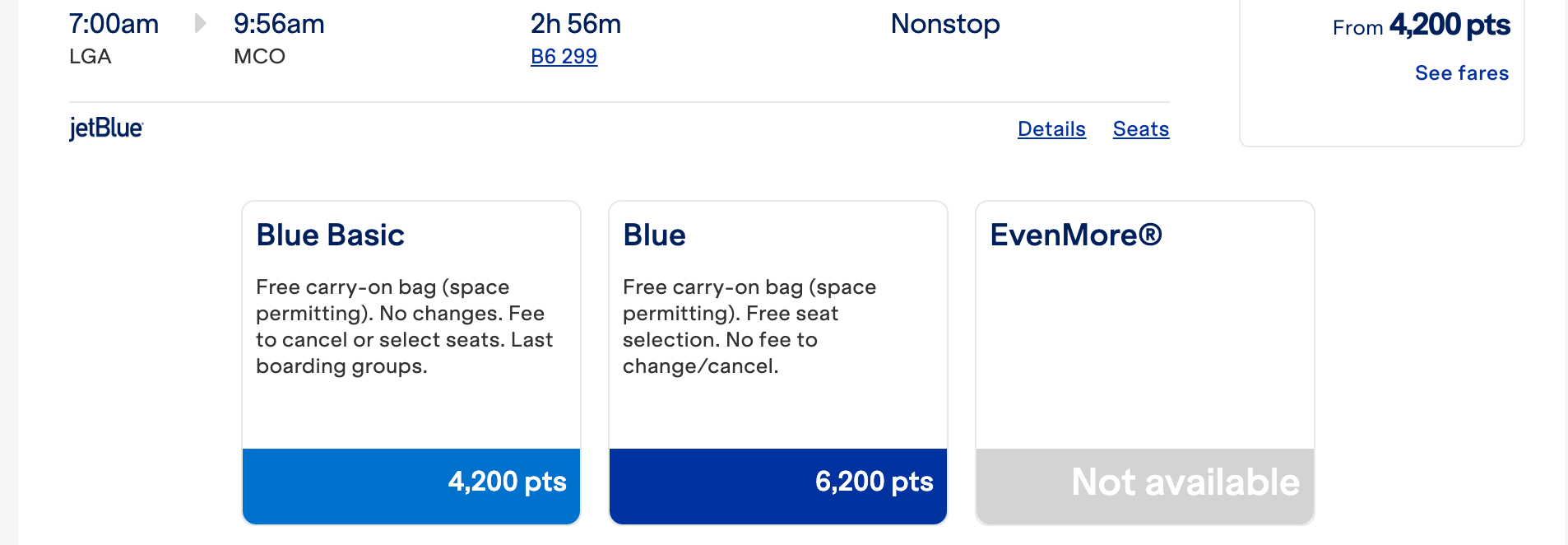 JetBlue pricing screenshot