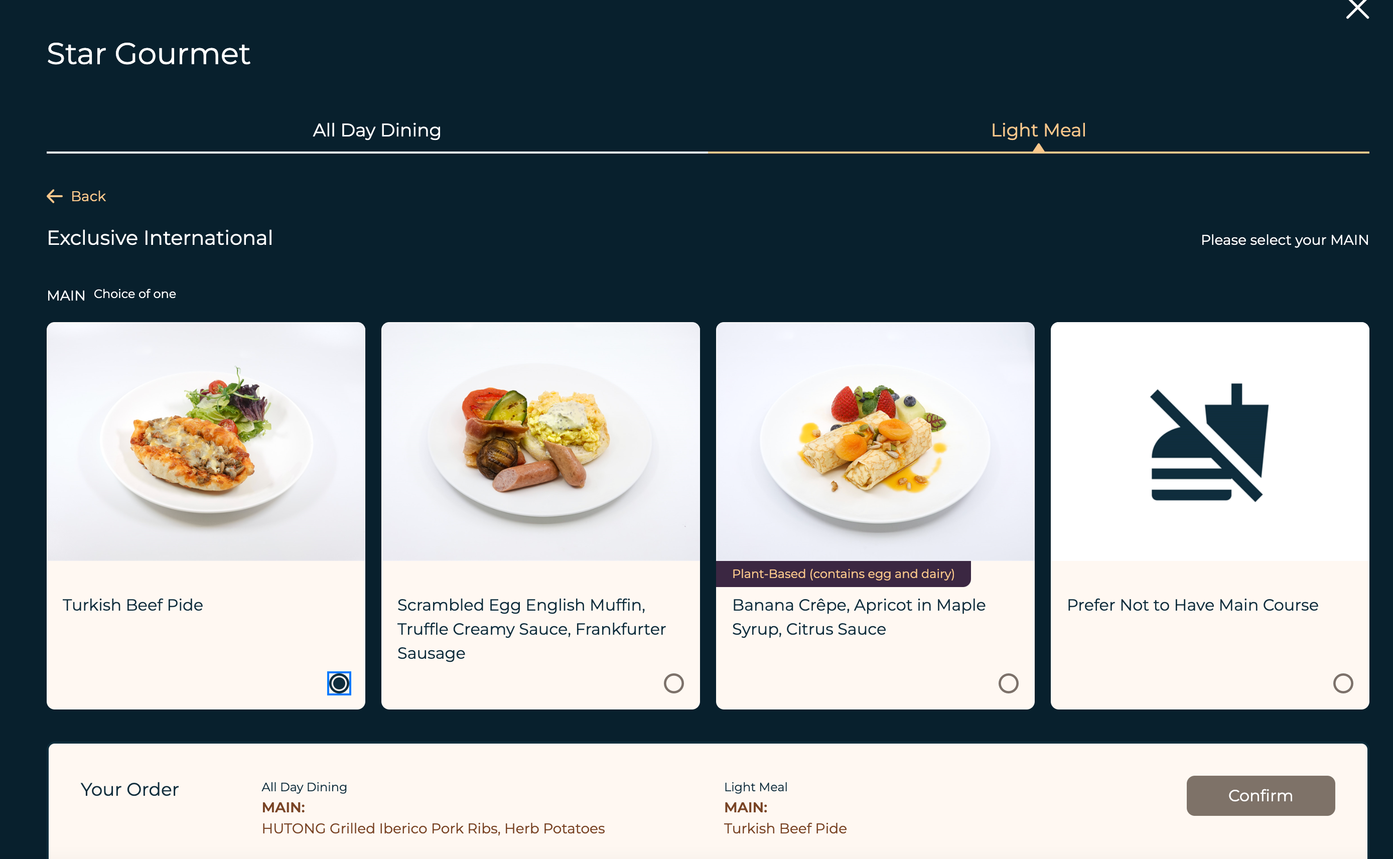 Starlux meal selection page. STARLUX