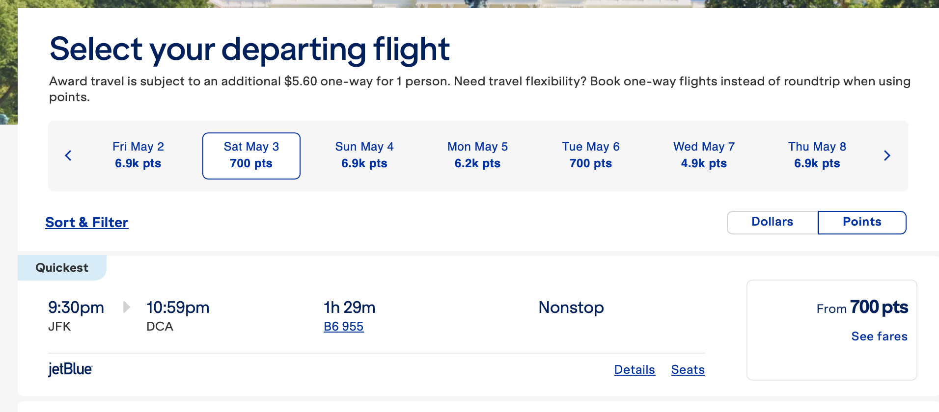 JetBlue pricing screenshot