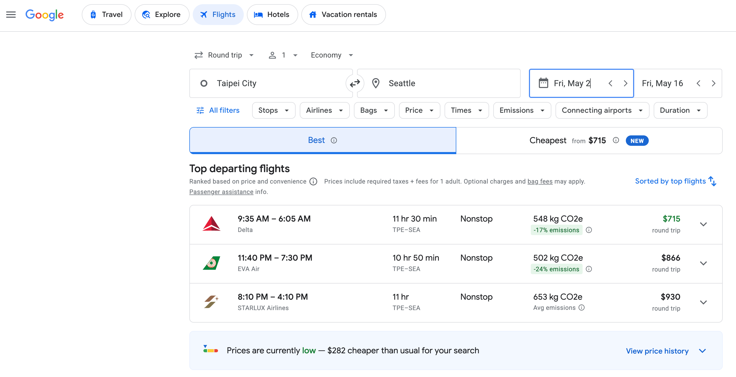 Google Flights search from Taipei to Seattle>