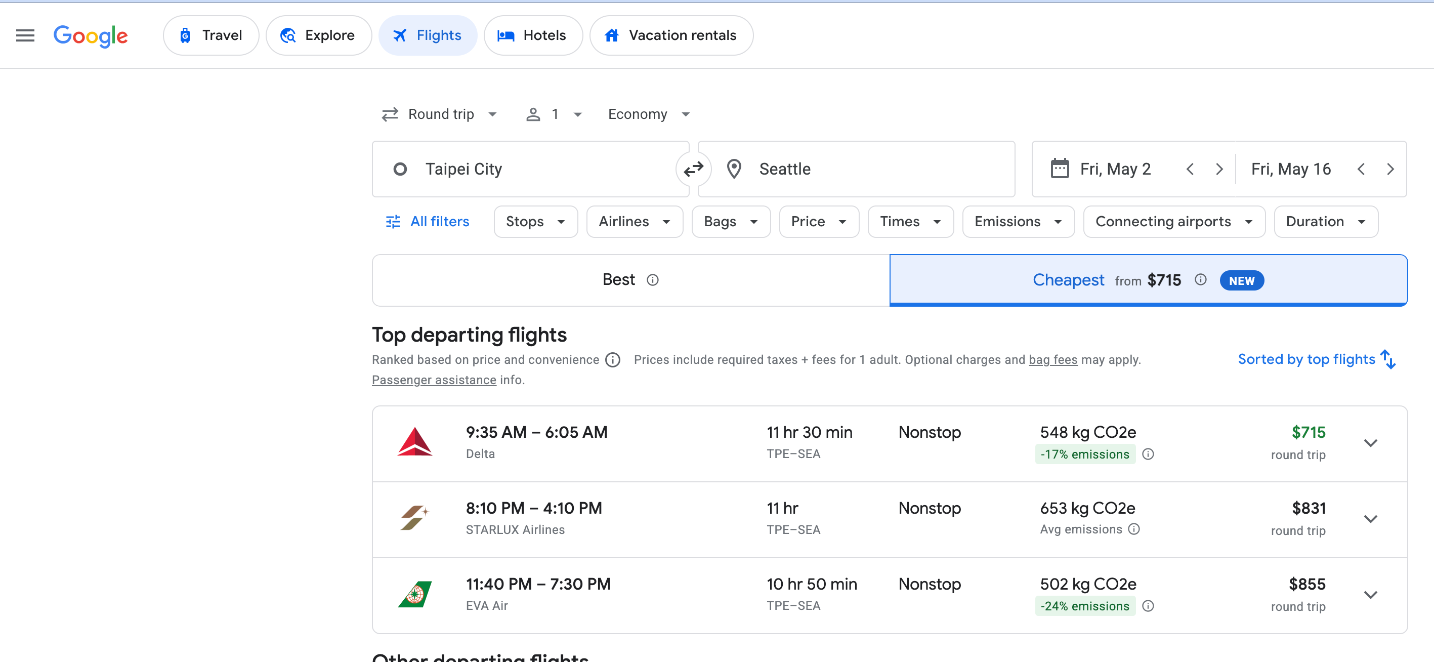 Google Flights search from Taipei to Seattle>