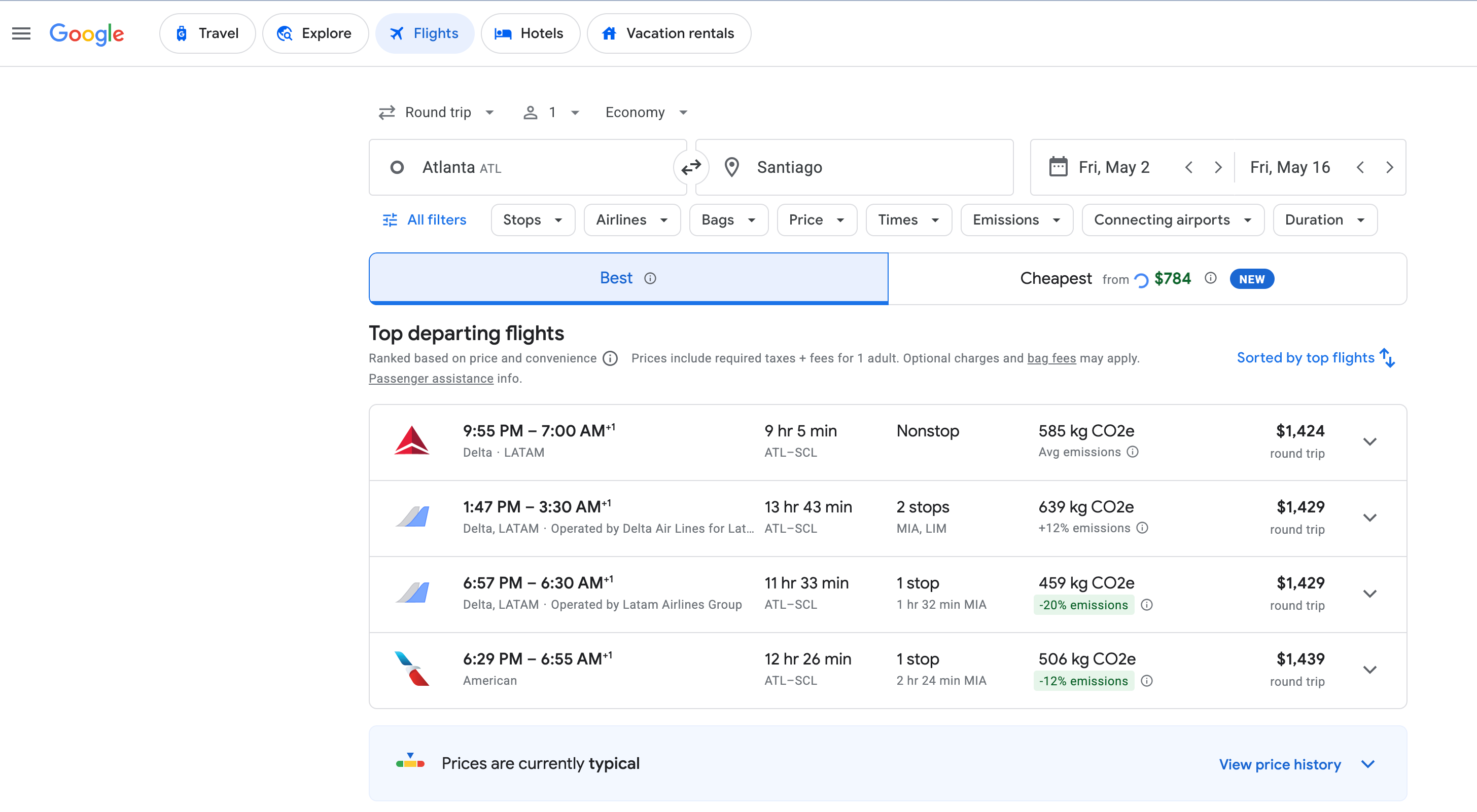 Google Flights search from Atlanta to Santiago. GOOGLE