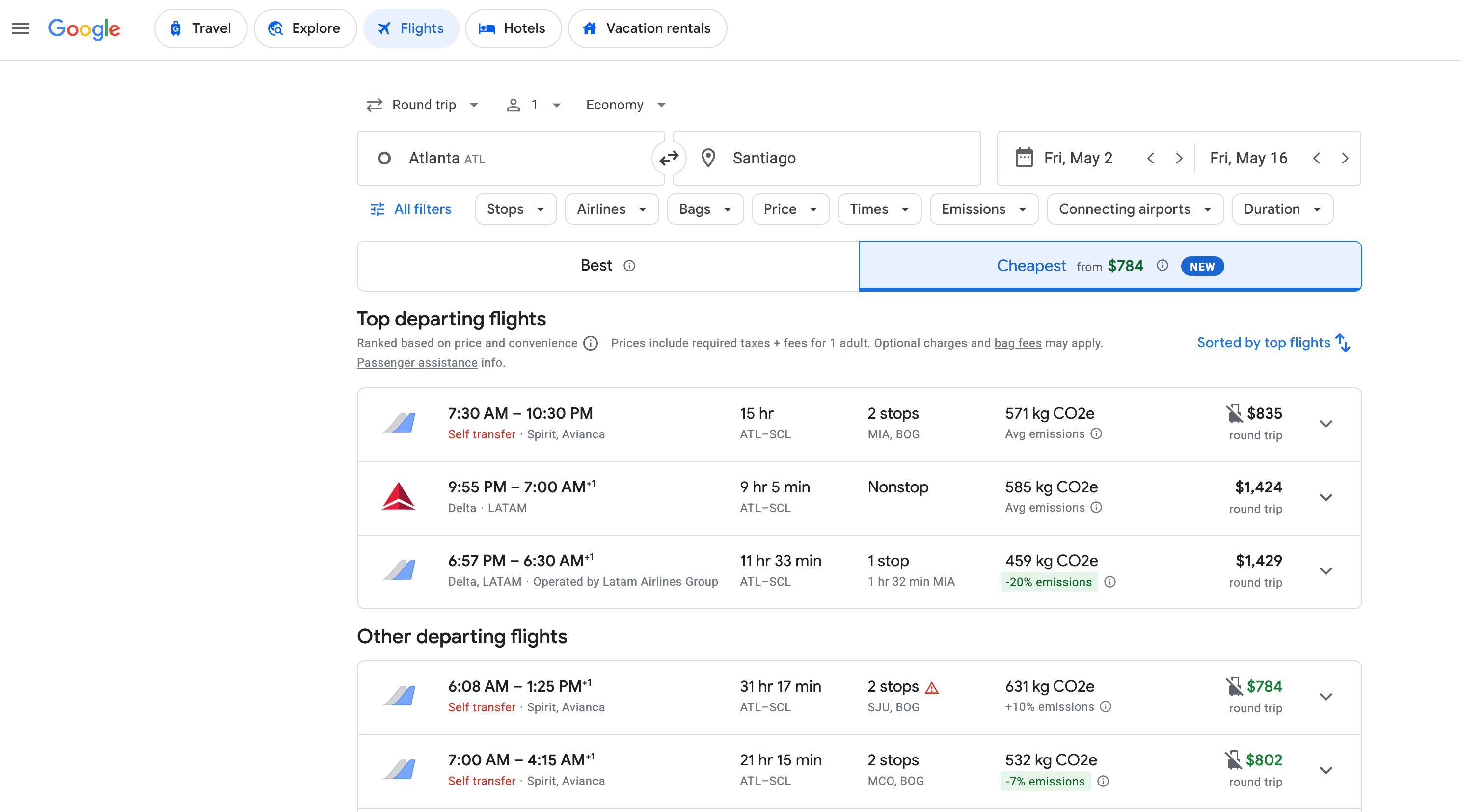 Google Flights search from Atlanta to Santiago. GOOGLE