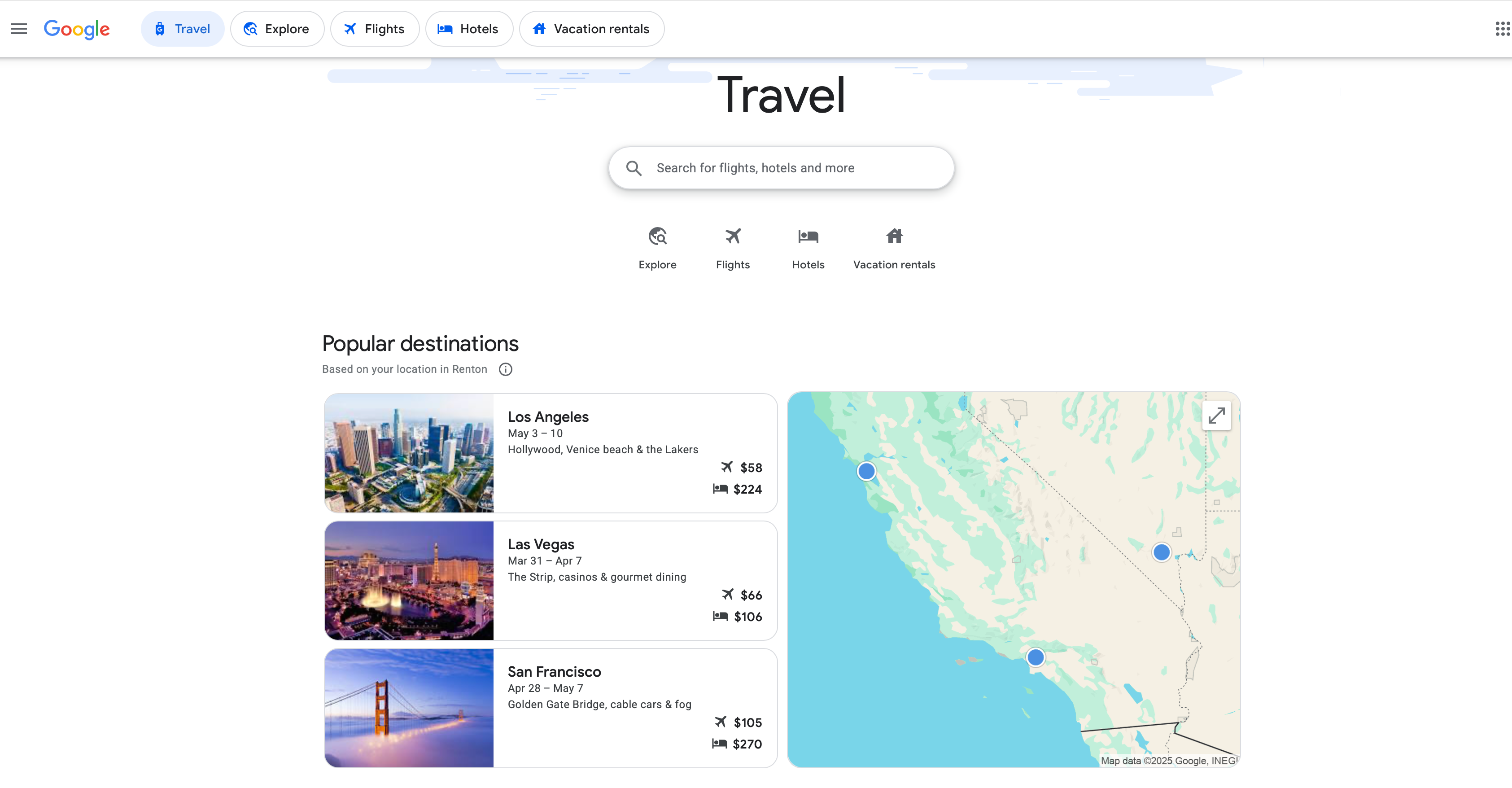 Google Flights Travel page. 