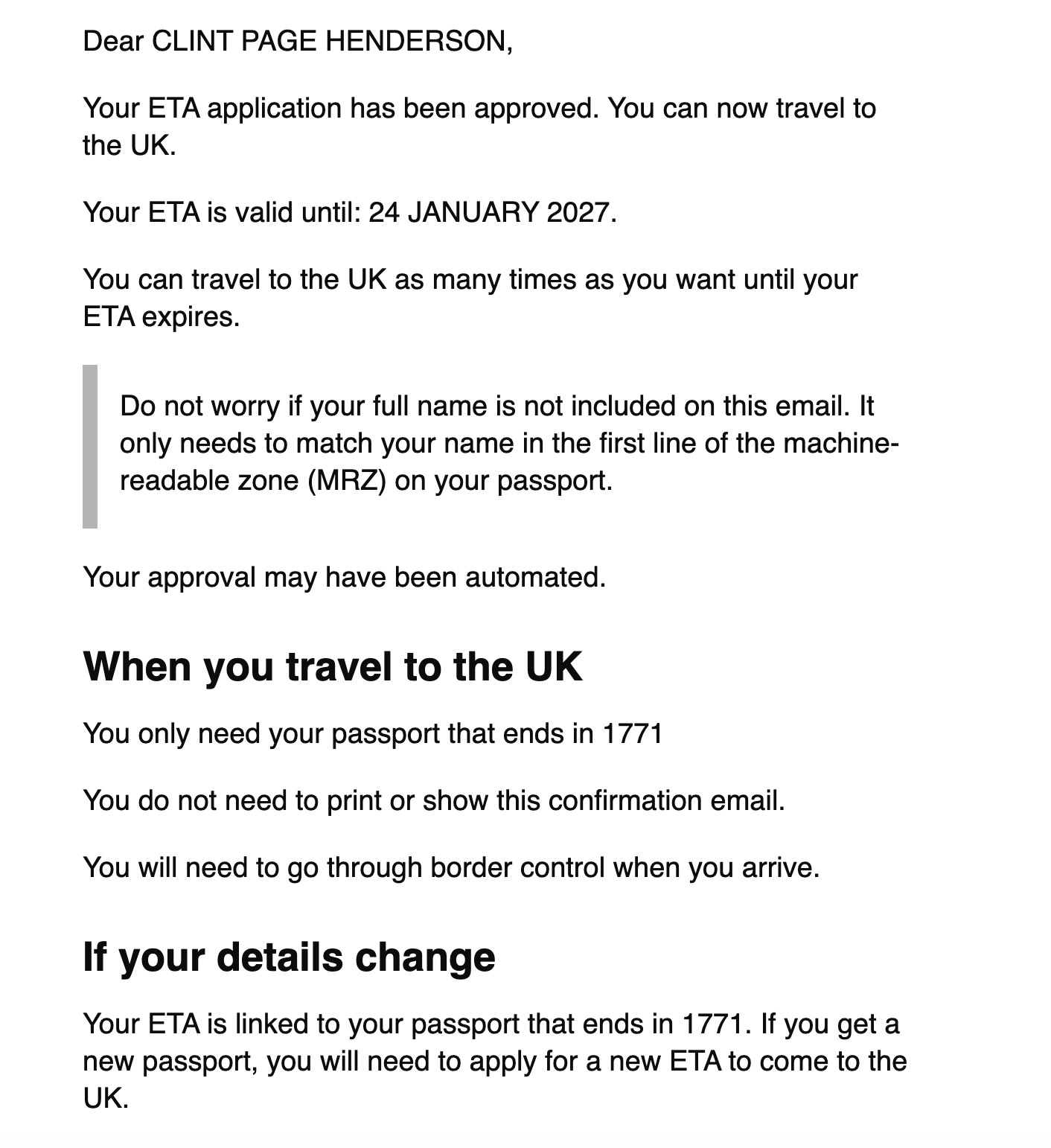 Email approving a UK ETA application.
