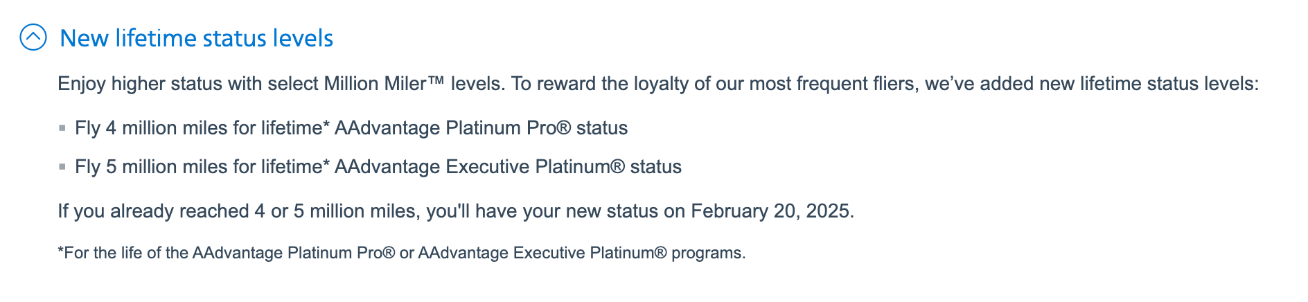 American Airlines new lifetime status levels.