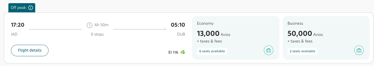 screenshot of Aer Lingus sale flight