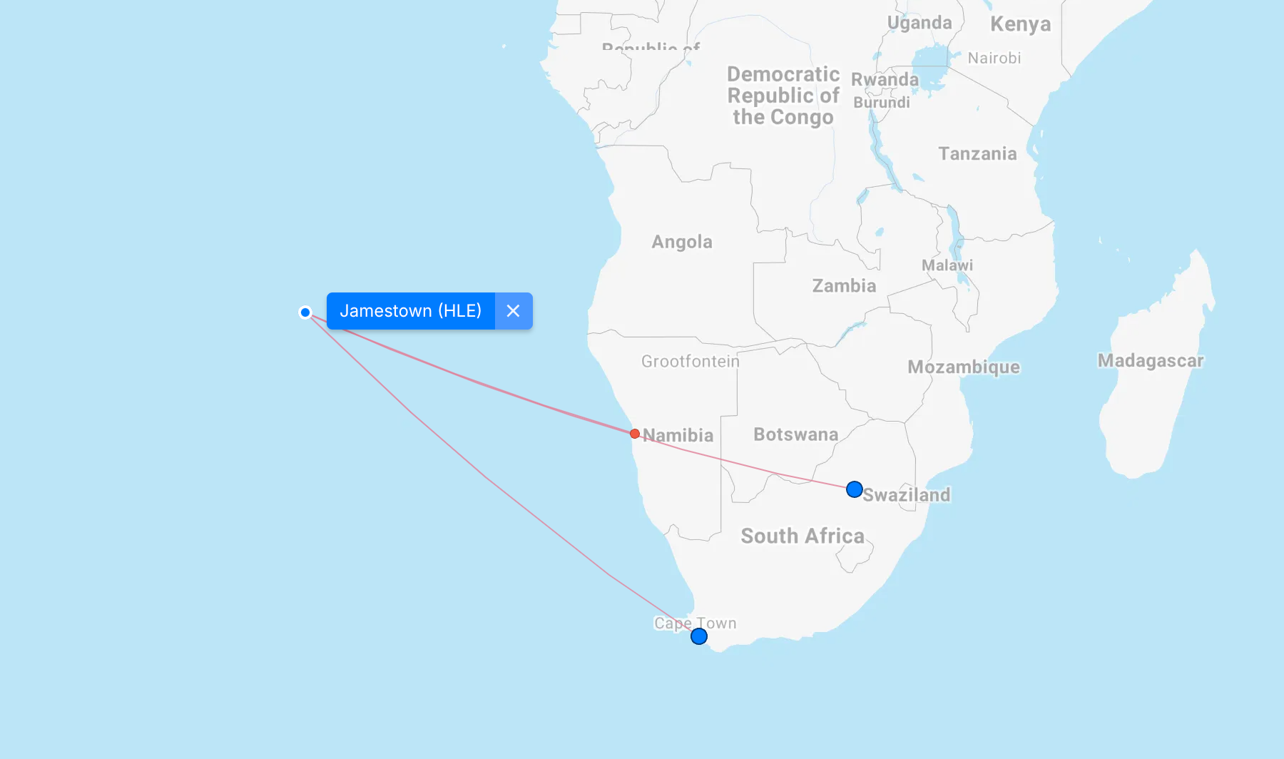 Map showing flights from St Helena Airport