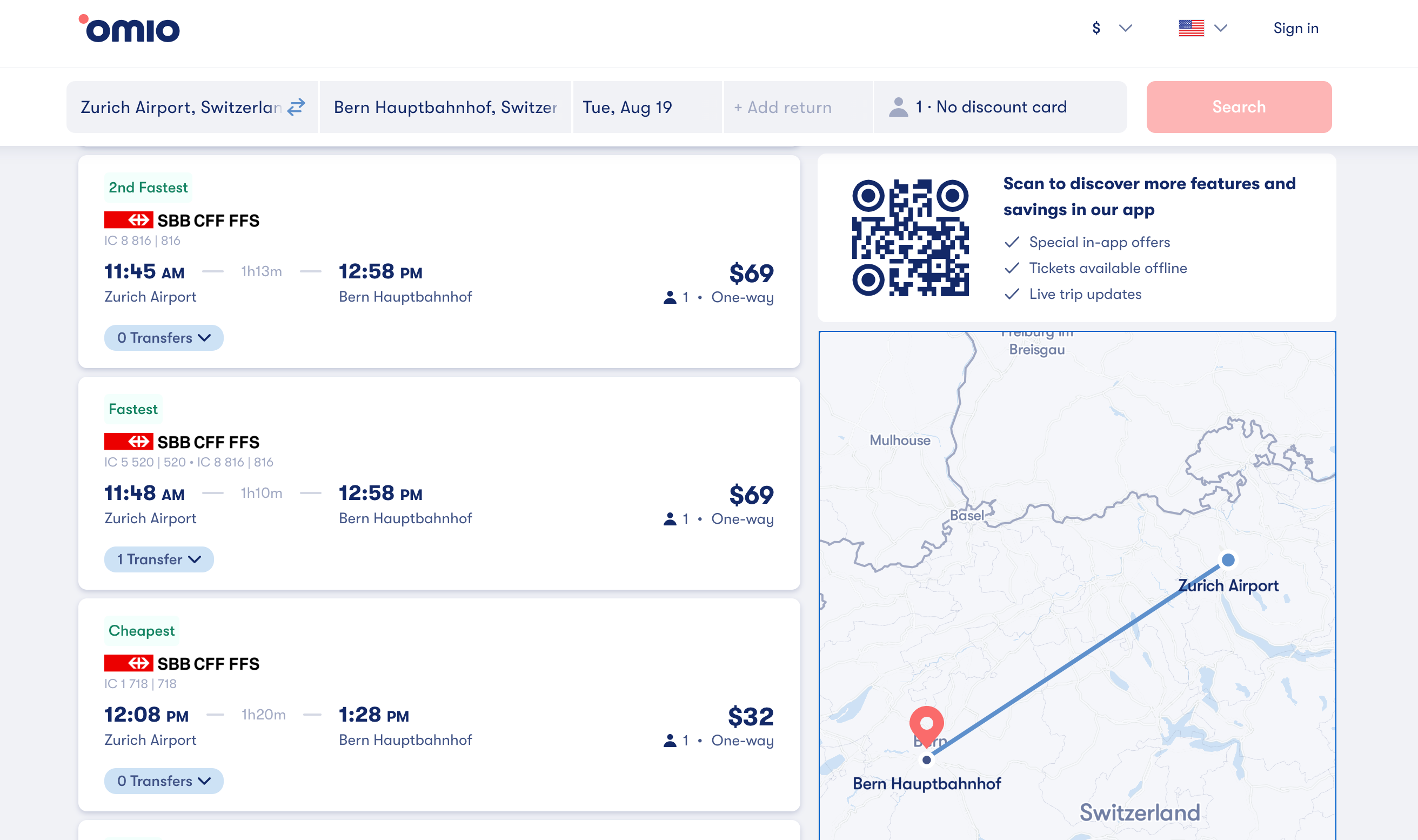 Omio train Zurich airport to Bern station times and prices