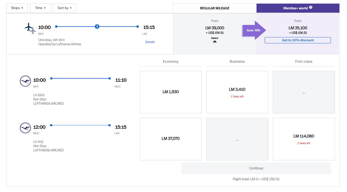 Booking Lufthansa first class through LifeMiles