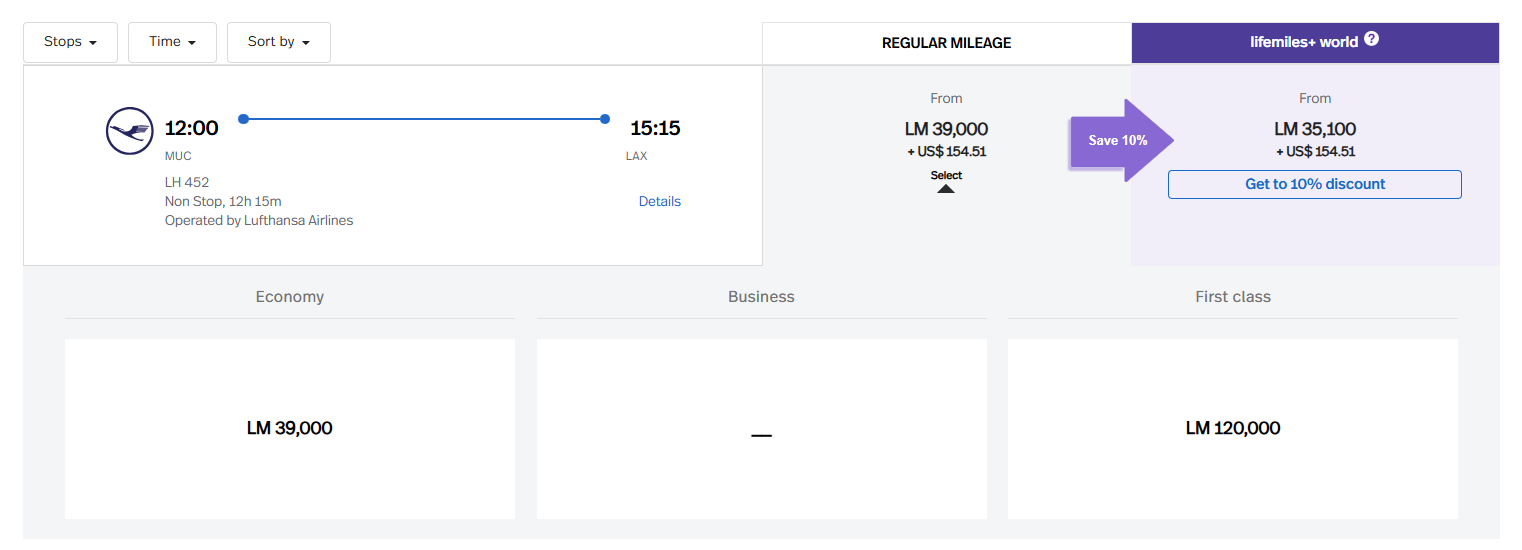 Booking Lufthansa first class through LifeMiles